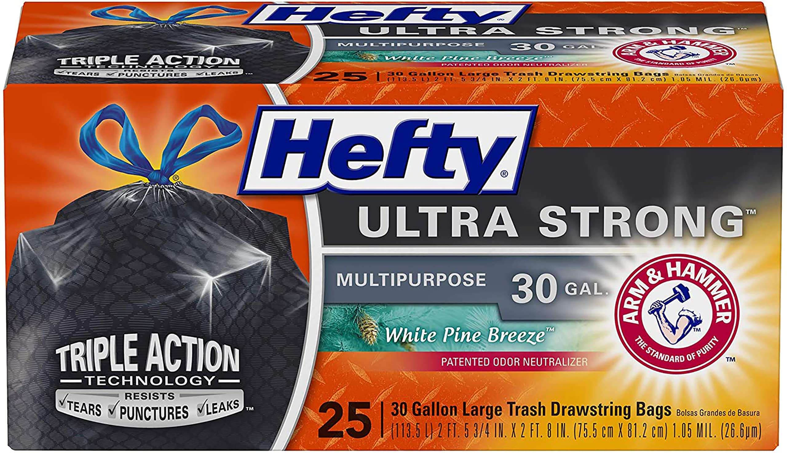 Hefty Ultra Strong 30 Gallon Drawstring Trash Bags - 25 Count (Pack of 6) | Heavy Duty Kitchen & Outdoor Garbage Bags with White Pine Breeze Scent | Perfect for Home, Office, Camping & Yard Waste Disposal