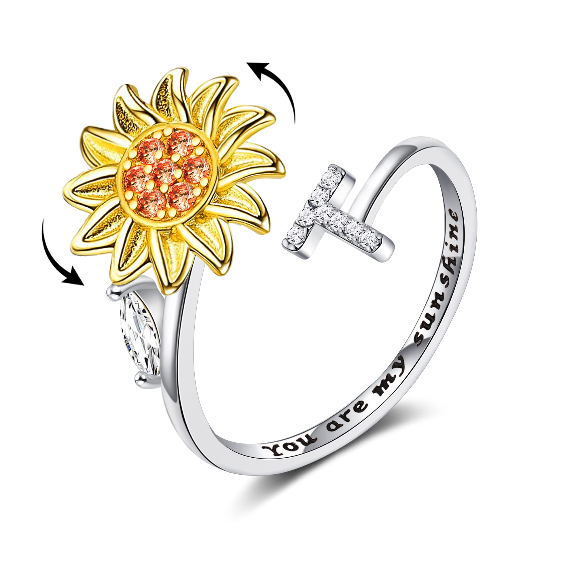 **Anxiety Relief Spinner Ring for Women - Adjustable Sunflower CZ Daisy Ring with Initial Letter, Stress Relieving Jewelry Gift for Her (Valentine's Day, Birthday, Mother's Day) - Perfect for Work, Travel & Daily Wear**