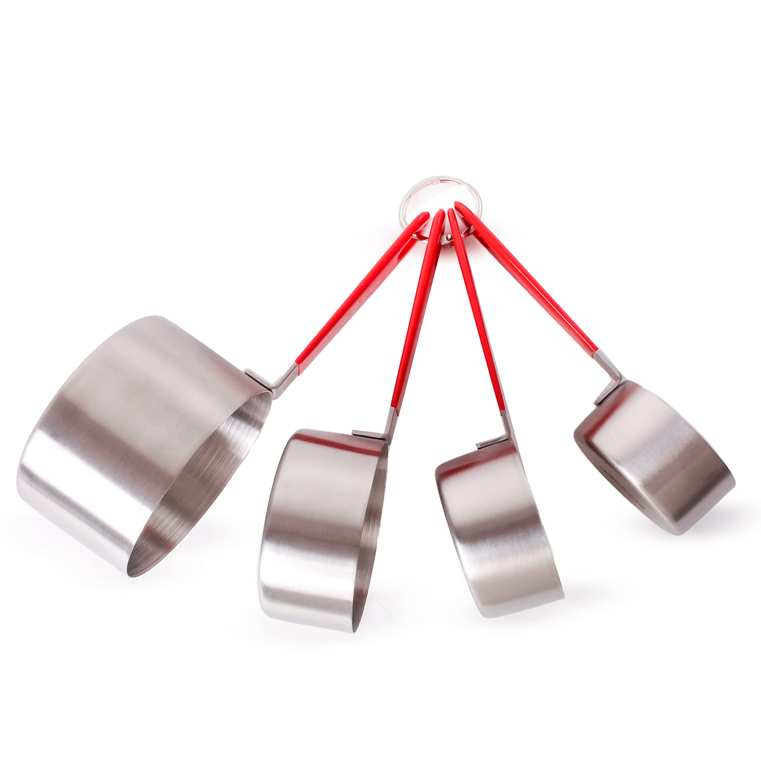 BergHOFF 4-Piece Stainless Steel Measuring Cups Set - Round, Silver & Red, Stackable with Hanging Loop for Baking, Cooking & Kitchen Organization