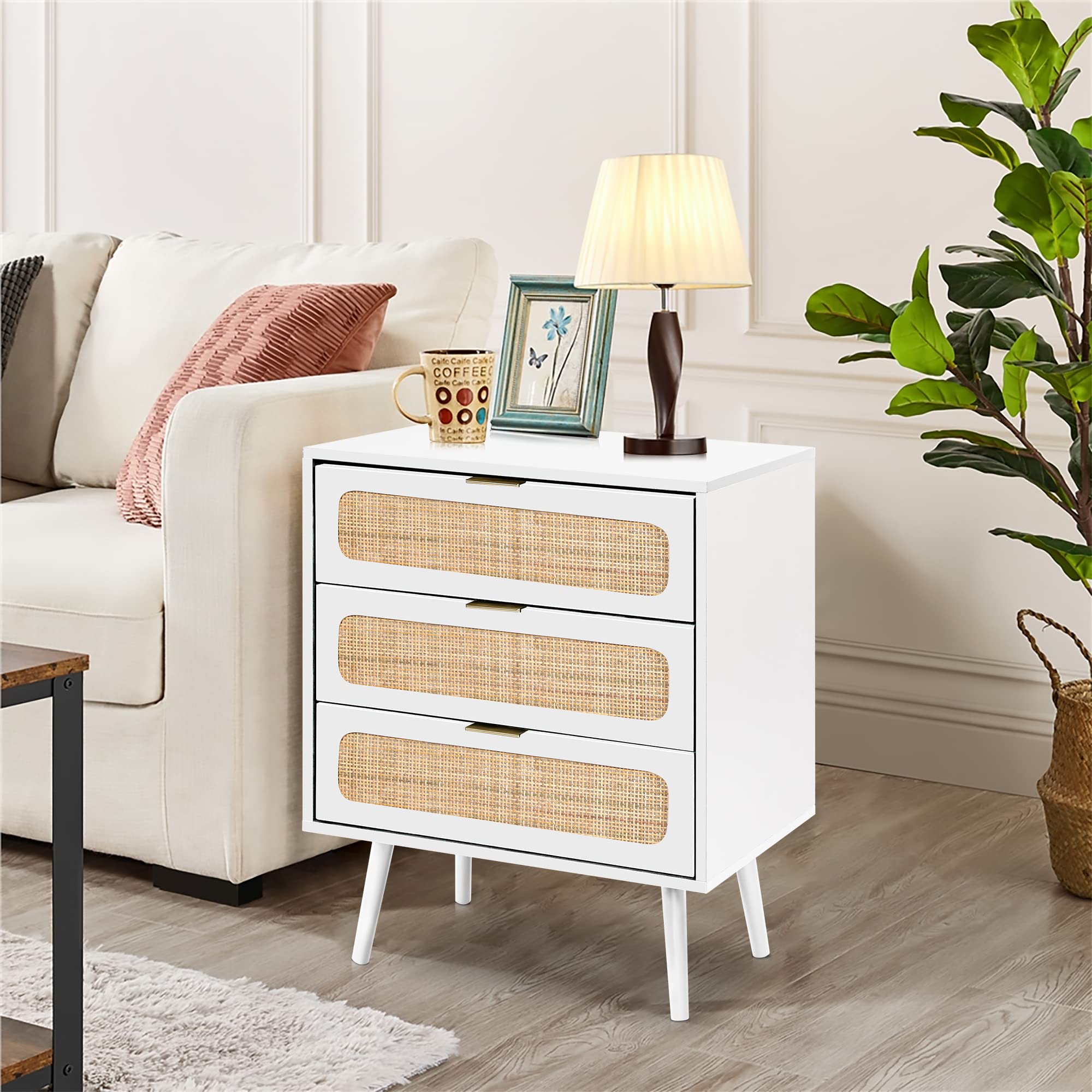 RARZOE 2-Piece Rattan Nightstand Set with 3 Drawers - Natural Wood Storage Dresser Cabinet Organizer for Bedroom, Living Room, Closet & Office - White | Perfect for Small Space Organization & Home Decor