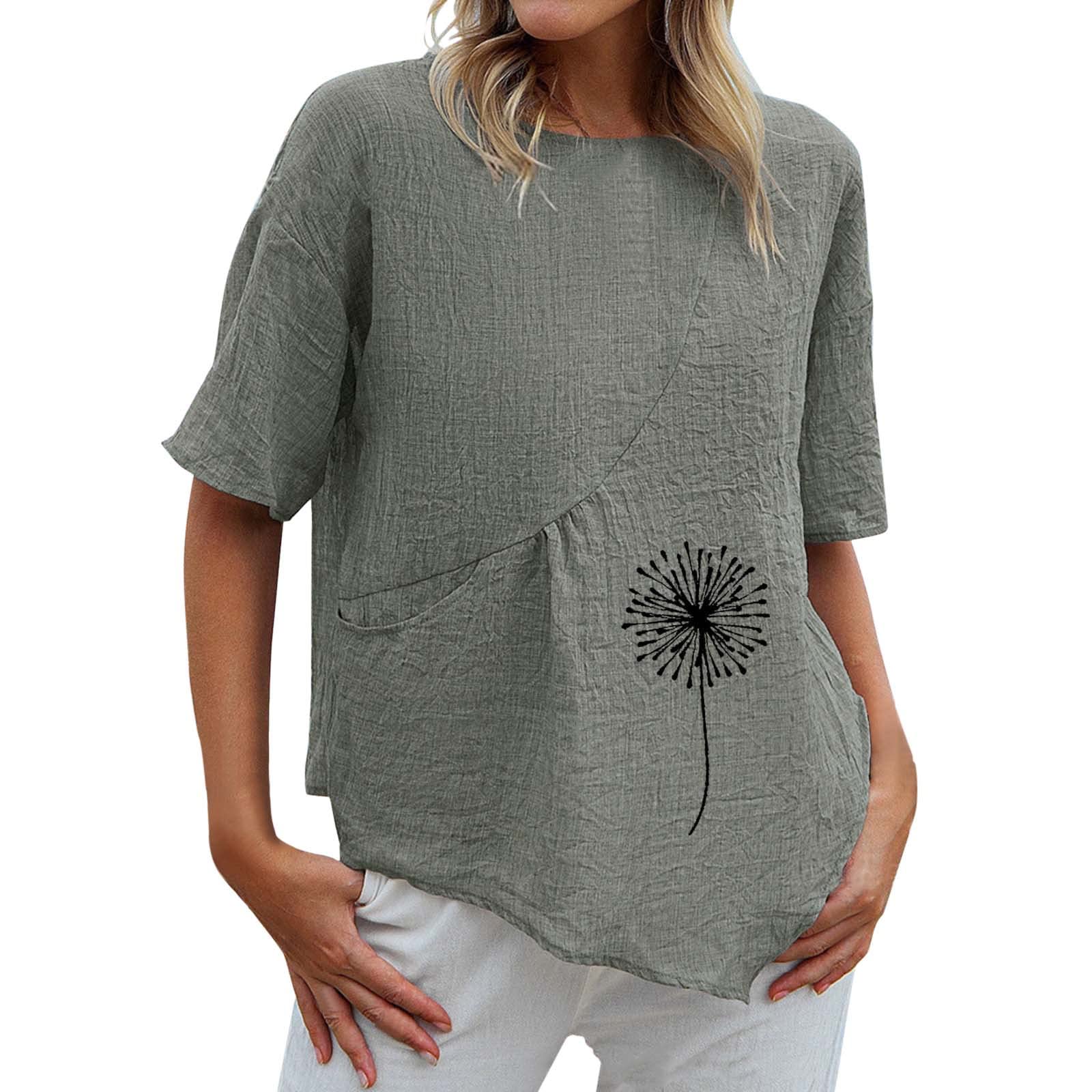 Women's Crew Neck Short Sleeve Cotton Linen T-Shirt - Summer Casual Loose Fit Blouse with Irregular Hem | Perfect for Beach Outings, Weekend Brunch & Everyday Wear