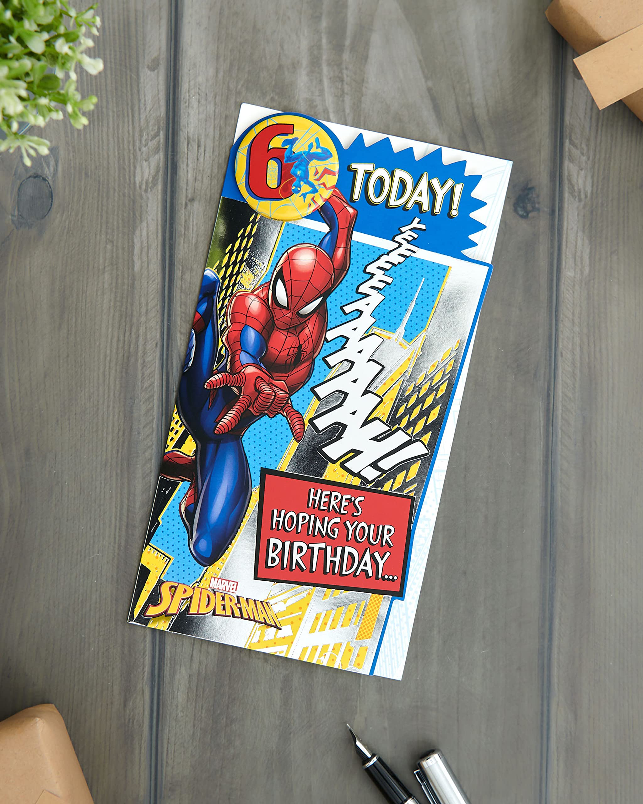 Marvel Spider-Man 6th Birthday Card for Boys - UK Greetings Badge Design with Envelope - 4.76 x 9 Inches - Superhero Party Invitation & Gift Card for Kids