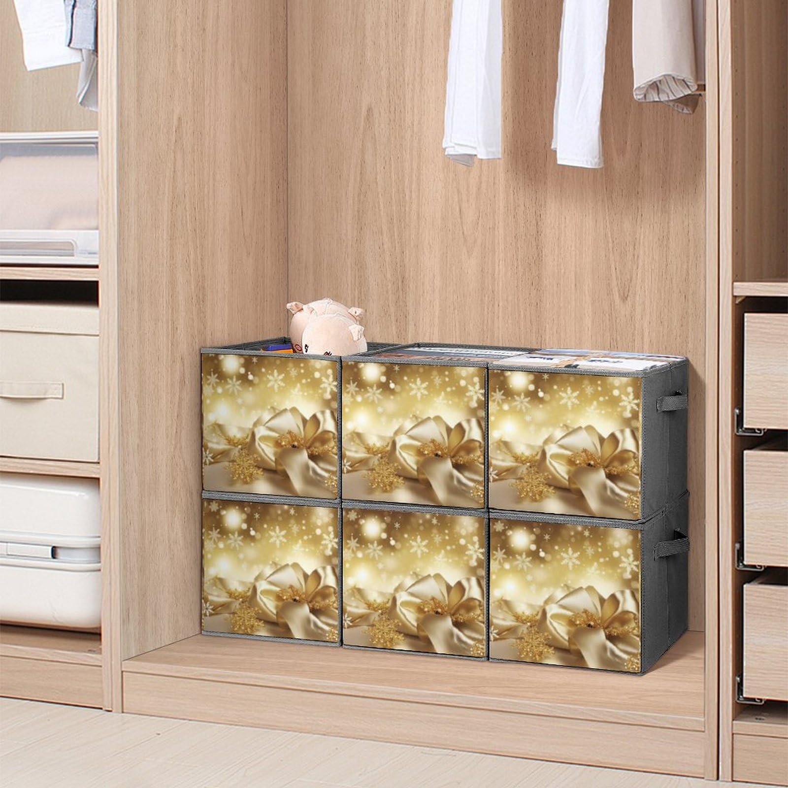 6-Pack Gold Silk Christmas Storage Bins - Collapsible Storage Baskets with Handles, Large Closet Organizer for Clothing & Houseware | Perfect for Holiday Decor Storage, Bedroom Organization & Seasonal Wardrobe Management