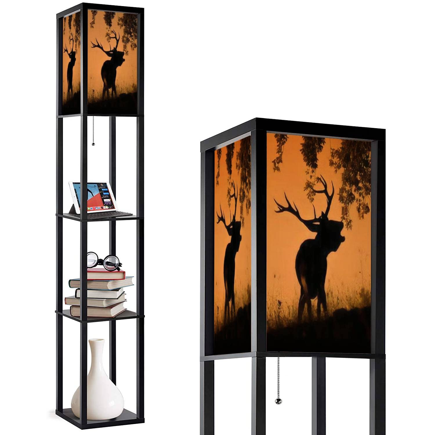 Modern Corner Floor Lamp with Shelves & Deer Design - Large Antlers Backlit Sunrise Effect, Adjustable 3-Color LED, Linen Lampshade - Perfect Standing Lamp for Living Room, Bedroom & Nursery - Creates Cozy Ambiance for Reading, Relaxing & Nighttime Comfort