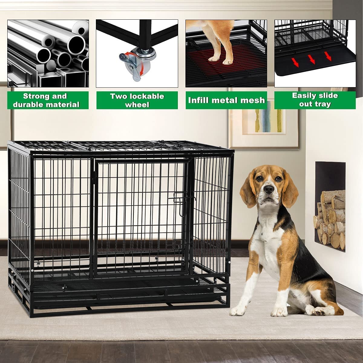 36 Inch Heavy Duty Dog Crate - Black Waterproof Steel Kennel with Wheels & Double Doors | Non-Toxic, Lockable, Easy to Clean | Indoor & Outdoor Use for Large Dogs, Travel & Home Security