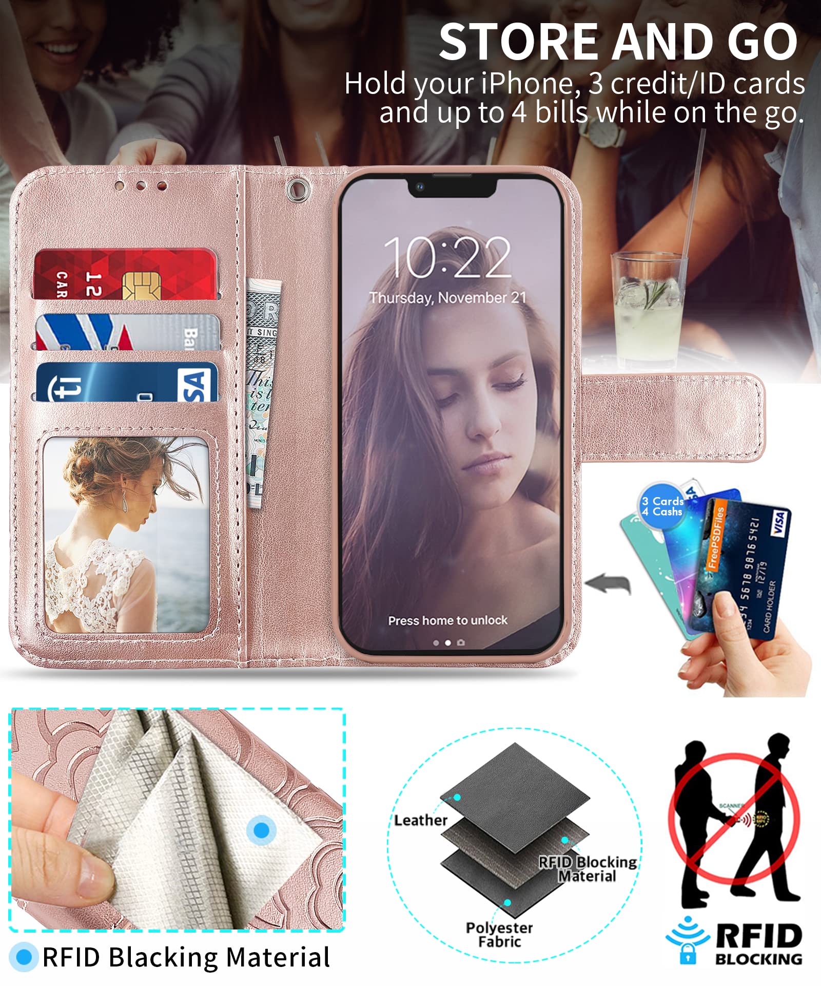 Magnetic Detachable Wallet Case for iPhone 13 Pro Max 5G - Leather Folio Flip Cover with RFID Card Holder & Strap - Women's Camellia Rose Pink Phone Case | Perfect for Everyday Use, Travel & Secure Card Storage
