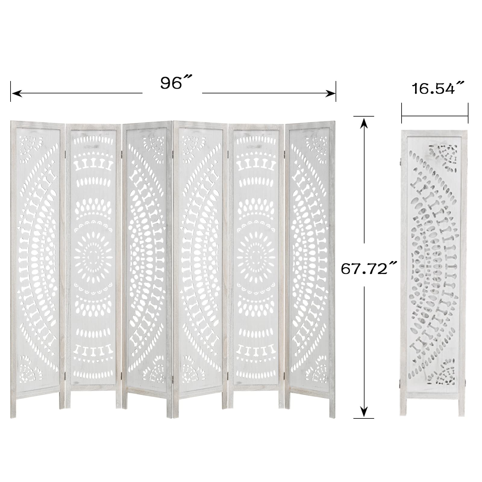 Babion 6 Panel Wooden Room Divider - 5.6 Ft Tall Folding Privacy Screen with Carved Design, White Home Office Partition for Bedroom, Living Room & Workspace (No Assembly Required, Double Hinged)