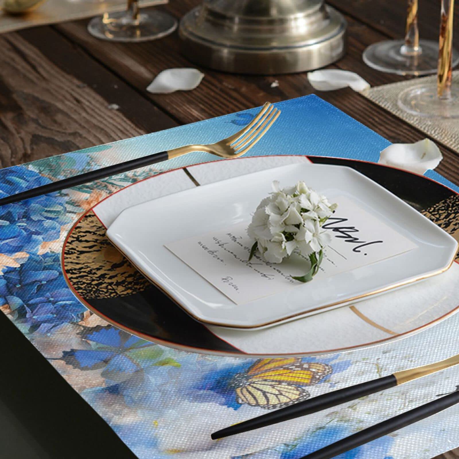 Blue Butterfly Floral Placemats Set of 4 - Washable & Heat Resistant 12x18 Inch Decorative Table Mats for Kitchen & Dining Room - Perfect for Spring Decor, Dinner Parties & Everyday Use