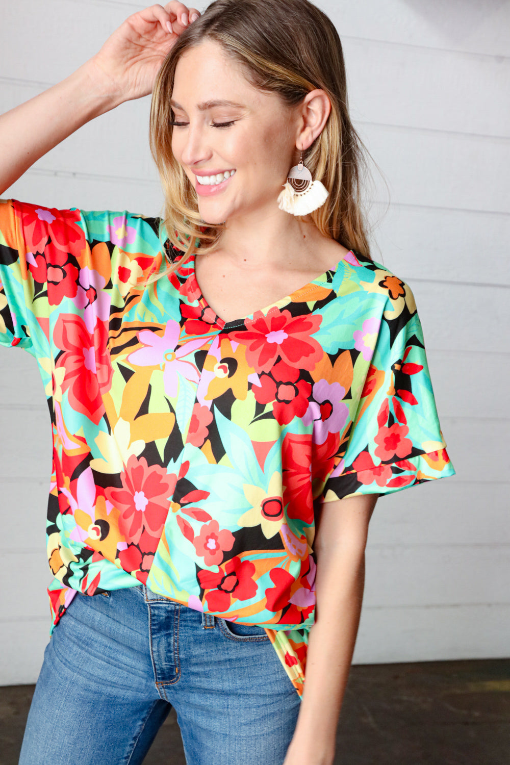 Stylish Multicolor Tropical Floral Print V-Neck Drop Shoulder Blouse for Women | Summer Beach Vacation & Boho Outfit Essential