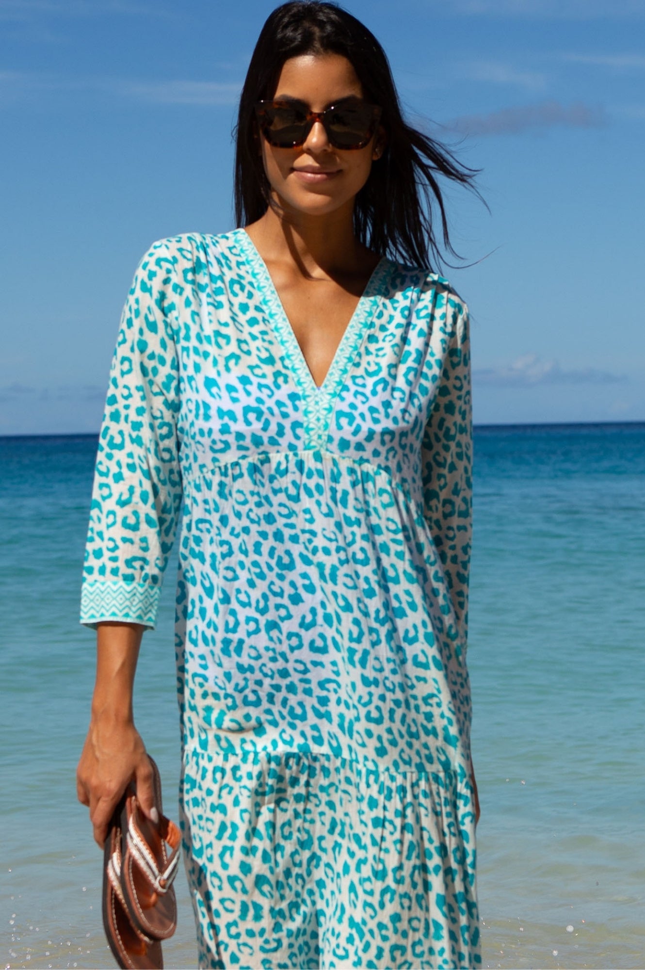 Mykonos Maxi Dress - Soft Cheetah Print in White & Turquoise | Perfect for Beach Vacations, Summer Parties & Boho Fashion