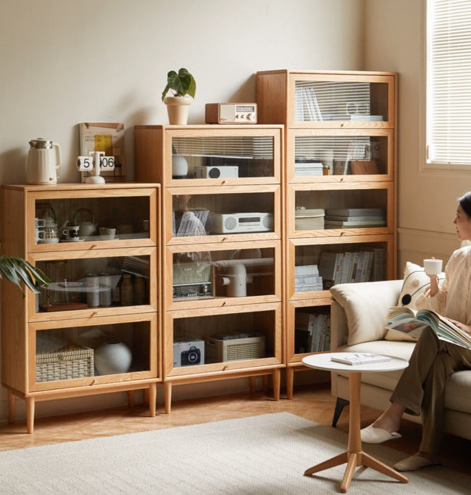 Solid Oak Wood Multi-Layer Flip Door Side Cabinet & Bookcase - Perfect for Living Room, Bedroom, and Office Storage & Organization