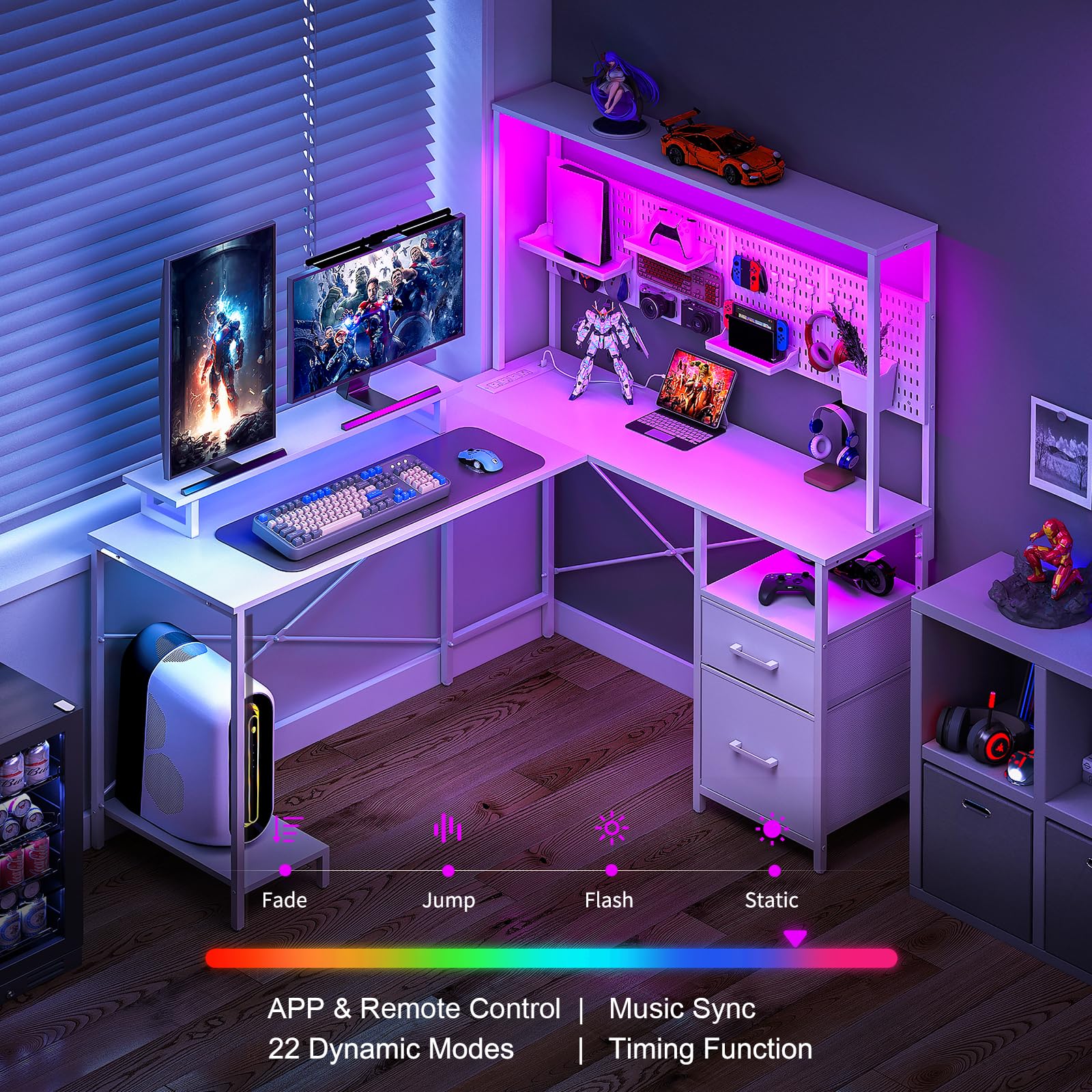 Yoobure L-Shaped Gaming Desk with LED Lights, Power Outlets & Pegboard - Reversible Corner Computer Desk with Drawers, Storage Shelves & Monitor Stand - Perfect for Home Office, Gaming Setup & Workspace Organization