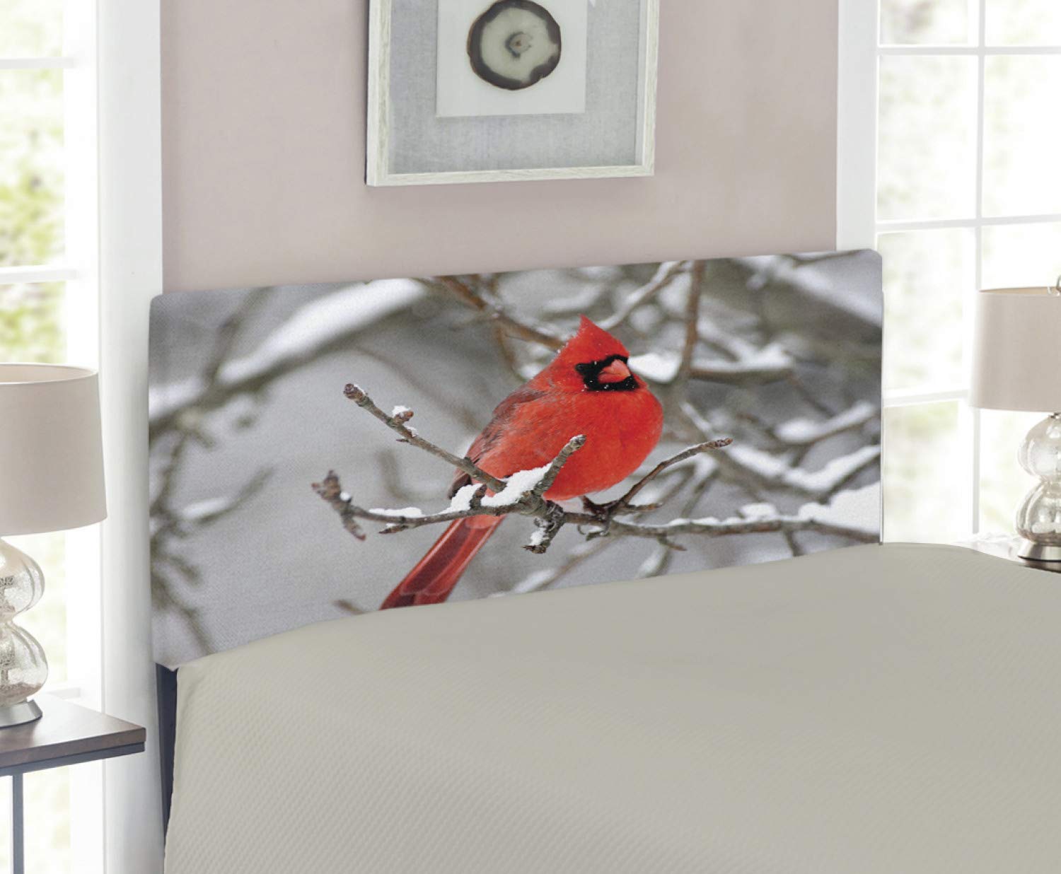 Lunarable Northern Cardinal Headboard - Snow-Covered Branch Bird Photography, Upholstered Decorative Metal Bed Frame with Memory Foam for Twin Size Bed (Red/White/Grey) - Perfect for Winter-Themed Bedrooms & Nature-Inspired Home Decor
