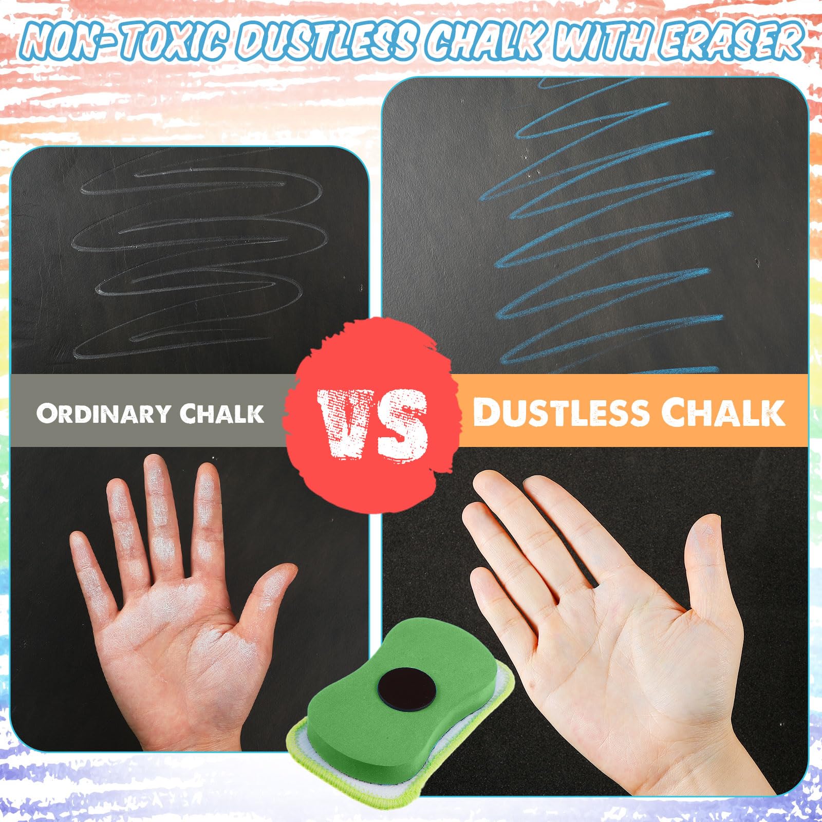 Harloon 144 Pcs Dustless Chalk Set with Eraser - Non-Toxic Colored & White Chalkboard Chalk for Classroom, School Supplies, Teachers - Perfect for Blackboard Drawing, Writing & Educational Activities (Colorful)