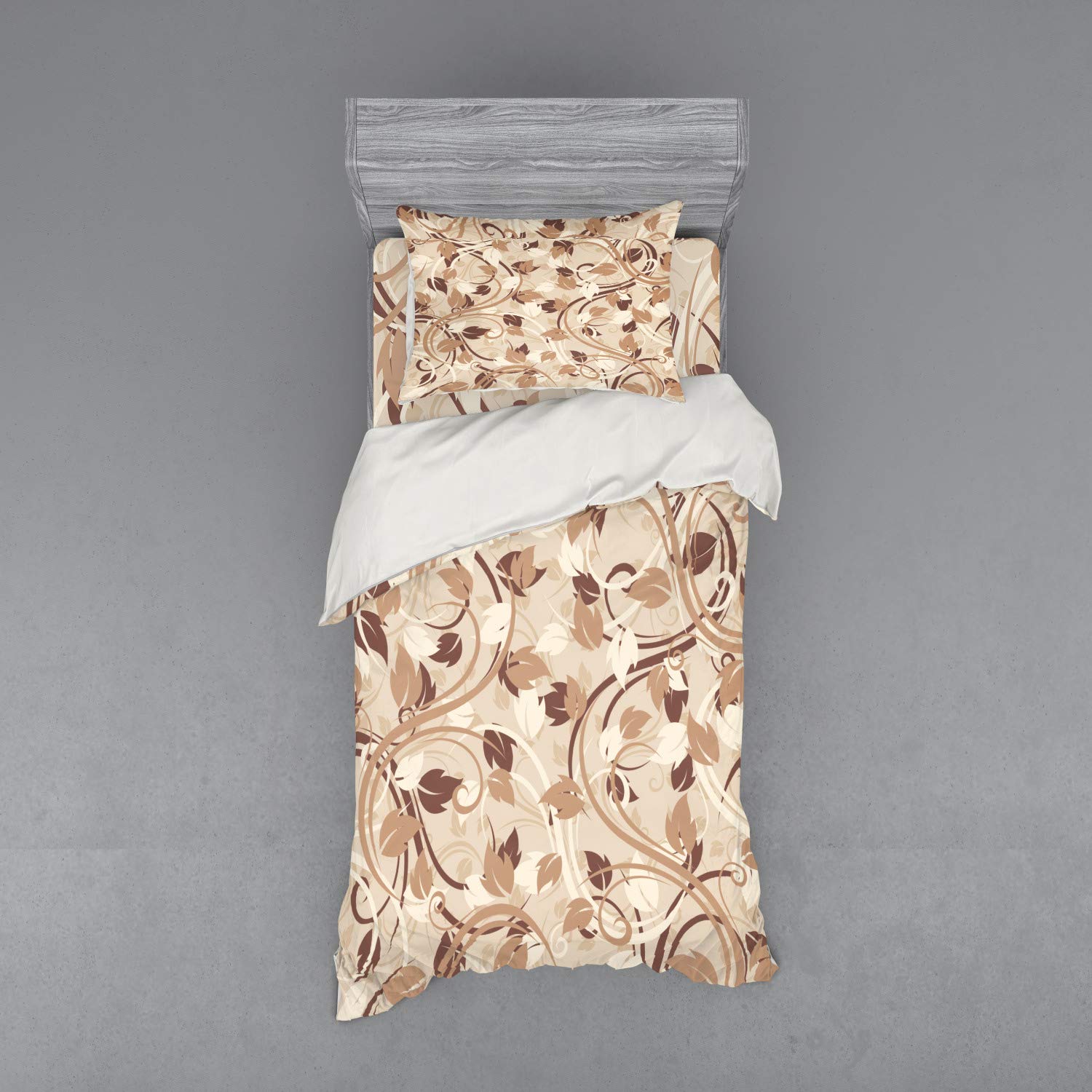 Ambesonne Ivory 3-Piece Duvet Cover Set with Sham & Fitted Sheet - Twin XL Size, Autumn Leaves Fall Theme in Cream Umber Cocoa | Cozy Seasonal Bedroom Decor for Autumn & Winter