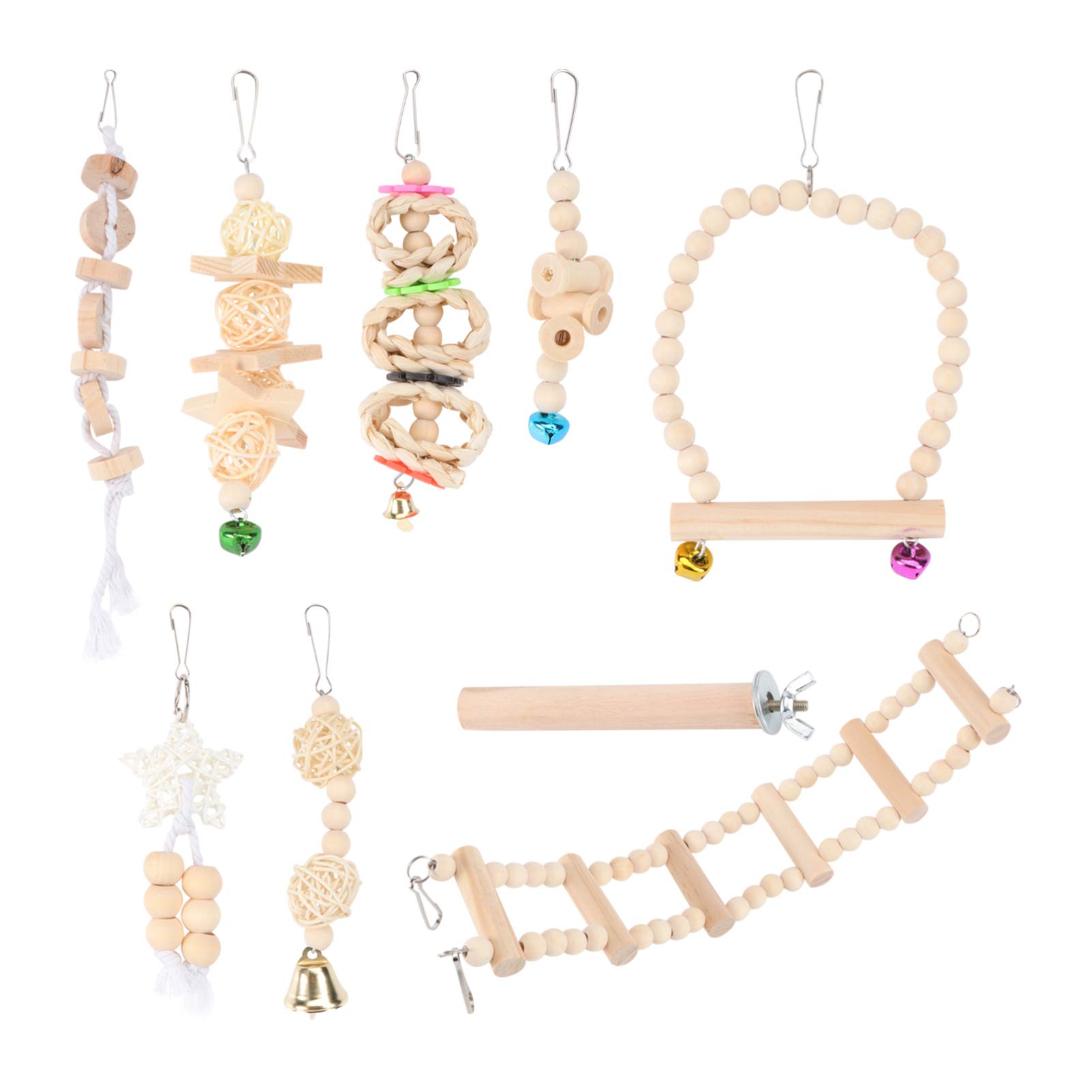 Balacoo Parrot Chewing Toy Set - Hanging Bird Bridge, Swing, Bell, and Wooden Takraw Chew Toys for Parrots, Chickens, and Pet Birds - Perfect for Cage Enrichment and Playtime