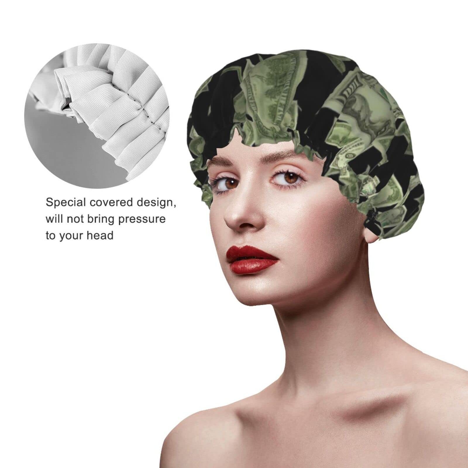Waterproof Reusable Shower Cap for Women - Dollar Sign Money Print Bath Hair Cap | Double Layer Protection for Shower, Bathing & Spa