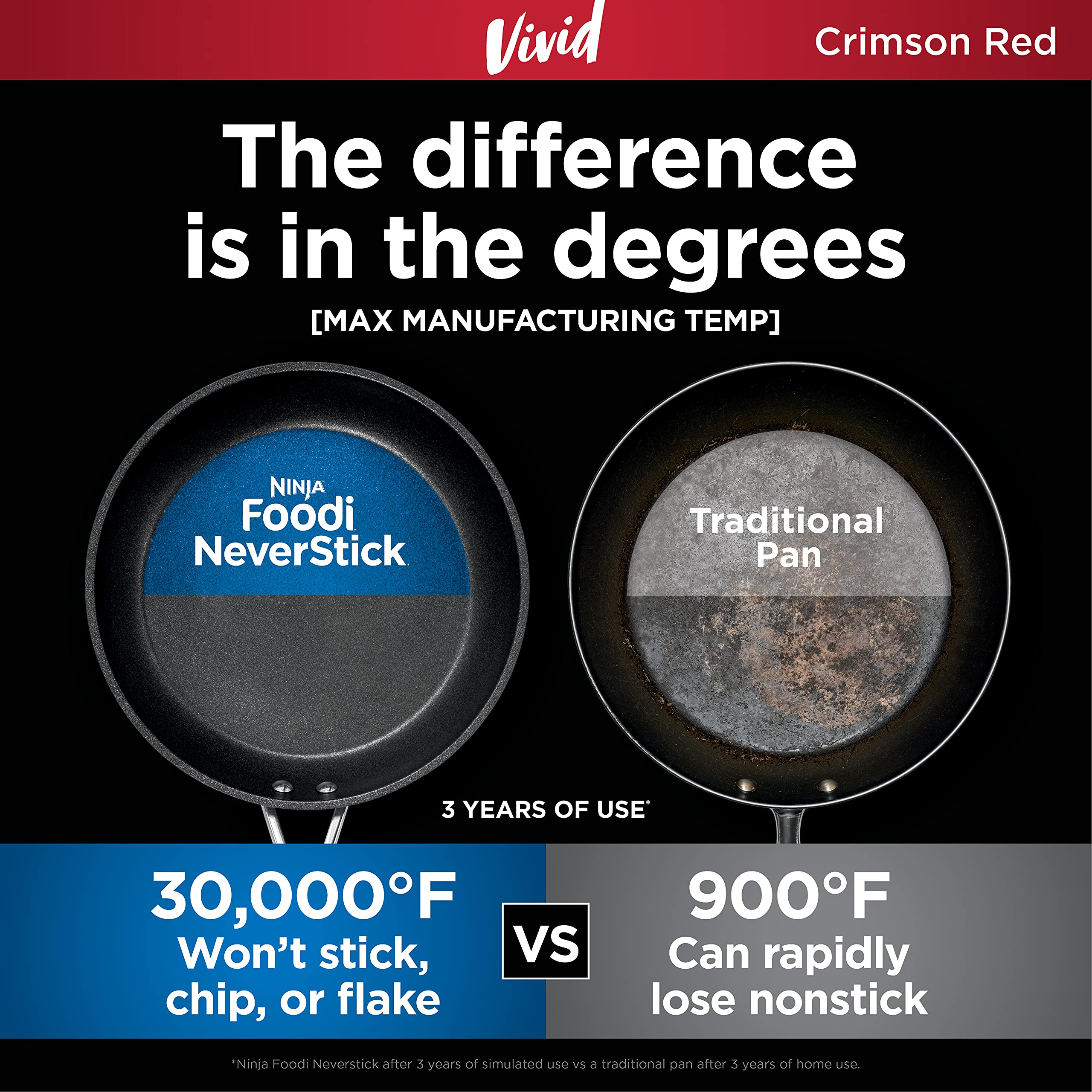 Ninja C20130 Foodi NeverStick Vivid 3-Quart Nonstick Sauté Pan with Glass Lid - Durable, Oven Safe to 400°F, Cool-Touch Handles, Crimson Red - Perfect for Sautéing, Frying & Baking at Home