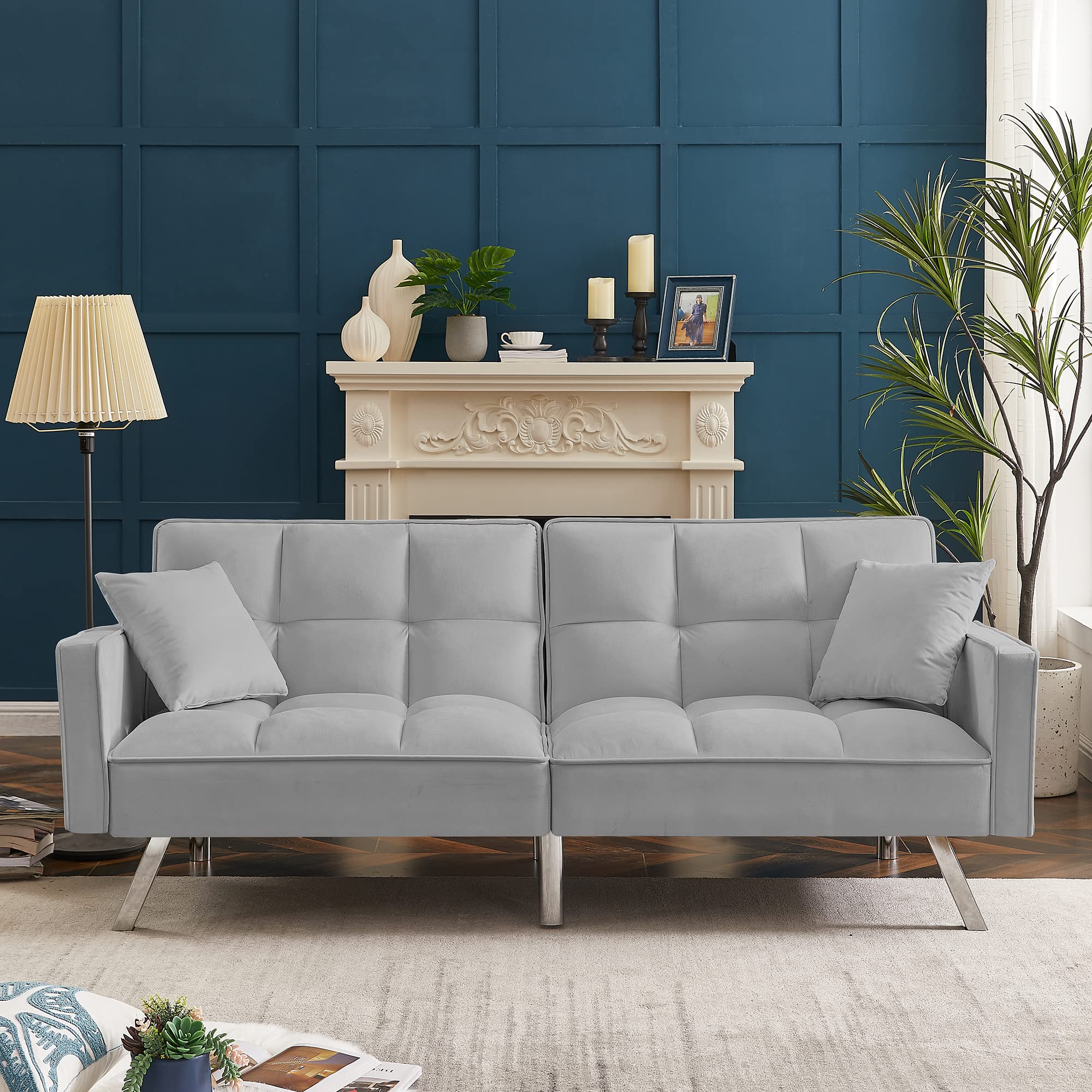 Modern Velvet Convertible Sofa Bed with Armrests & 2 Pillows - Grey - Comfortable Sleeper Couch for Small Spaces, Living Room, Bedroom & Guest Room - Perfect for Apartments, Dorms & Studio Homes