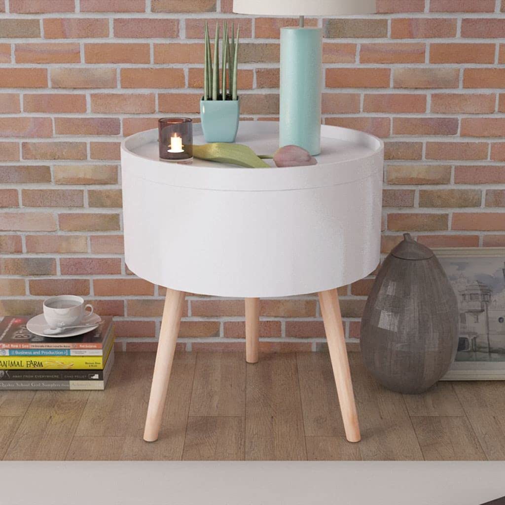 Round Side Table with Serving Tray - 15.6x17.5 Inch White Nightstand, Entryway Table & Hallway Storage Solution | Perfect for Bedroom, Living Room & Small Spaces