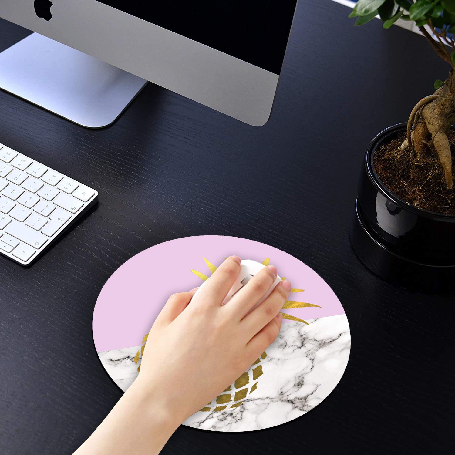 Pineapple Design Non-Slip Round Mouse Pad with Coasters Set - Rubber Computer Mousepad for Office & Home Desk Accessories - Perfect for Laptop, PC Workstations & Gaming Setup