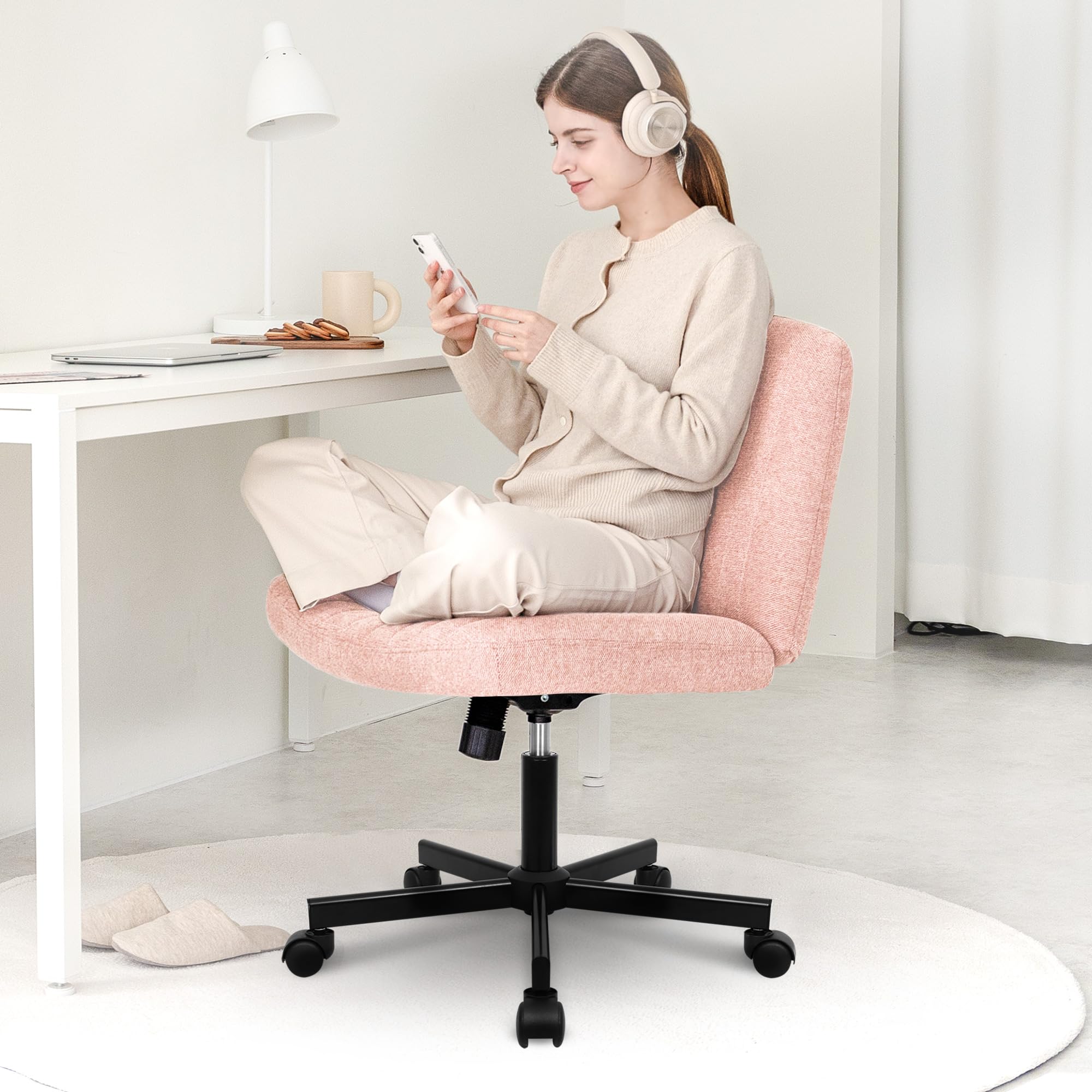Orange Factory Criss Cross Chair with Wheels - Adjustable Rolling Armless Office Chair for Home & Desk, Comfy Cross-Legged Vanity Makeup Chair in Soft Fabric (Pink) - Perfect for Home Office, Gaming & Beauty Stations