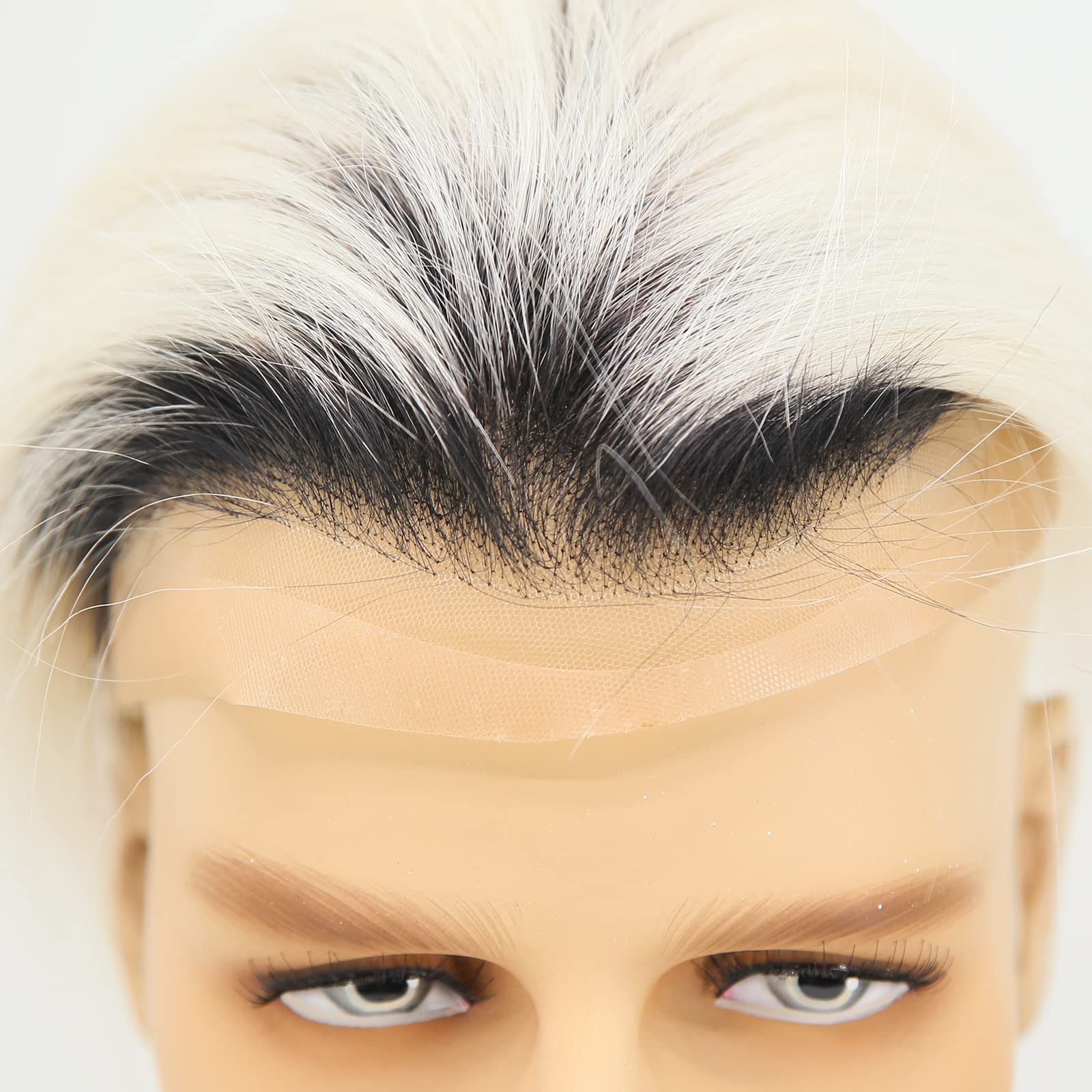 Premium 8x10 Inch Human Hair Toupee for Men - Black Roots Ombre Platinum Blonde #60 | Lace Front Hairpiece with Soft Thin Skin & PU Base | Natural Looking Hair Replacement System for Daily Wear & Special Occasions