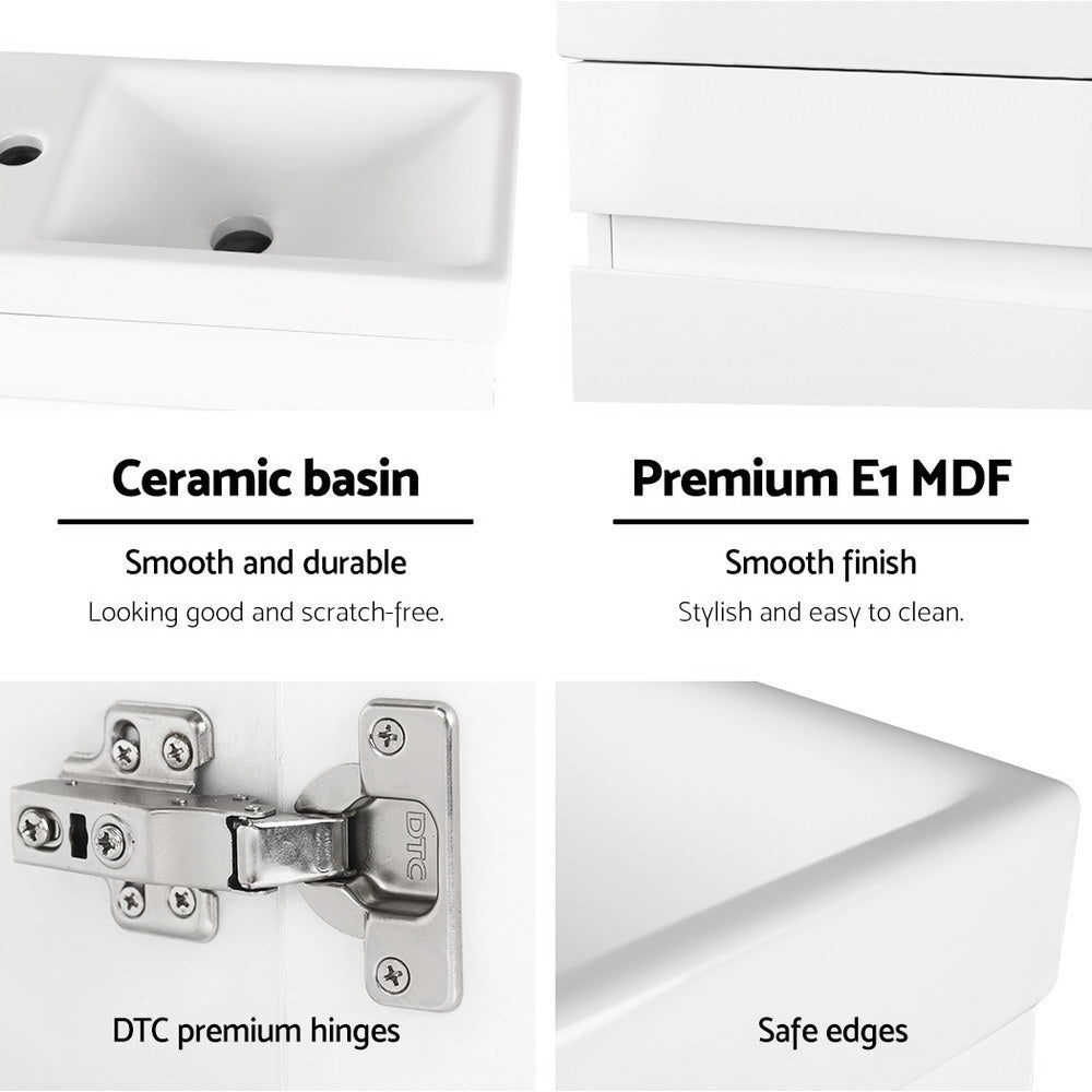 400mm White Wall Mounted Ceramic Bathroom Vanity Basin with Sink & Storage Cabinet - Space Saving Design for Small Bathrooms, Powder Rooms & Modern Homes