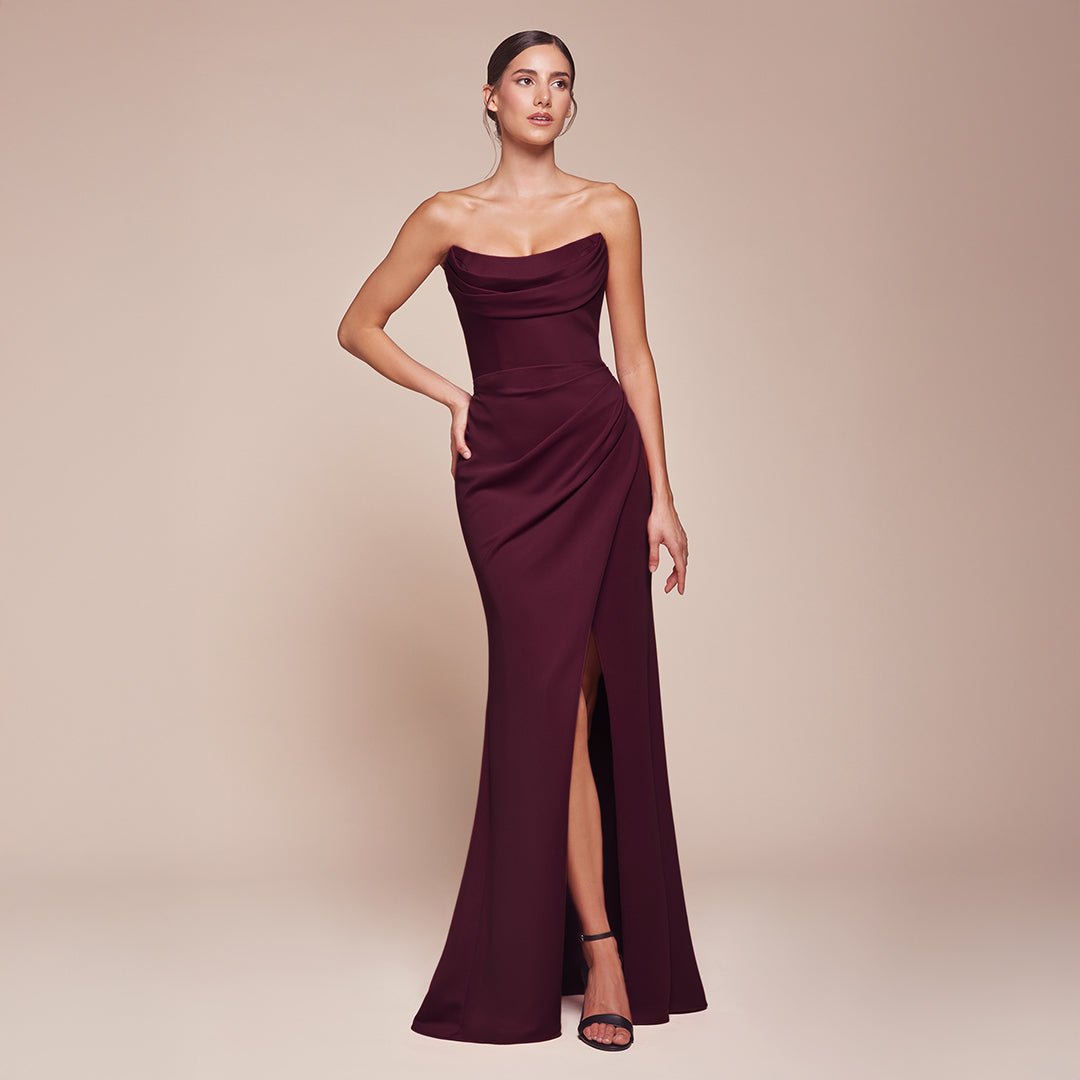 Ladivine by Cinderella Divine Wine Red Chiffon Strapless Prom Dress with High Slit - Elegant Evening Gown for Homecoming, Wedding Guest & Formal Events