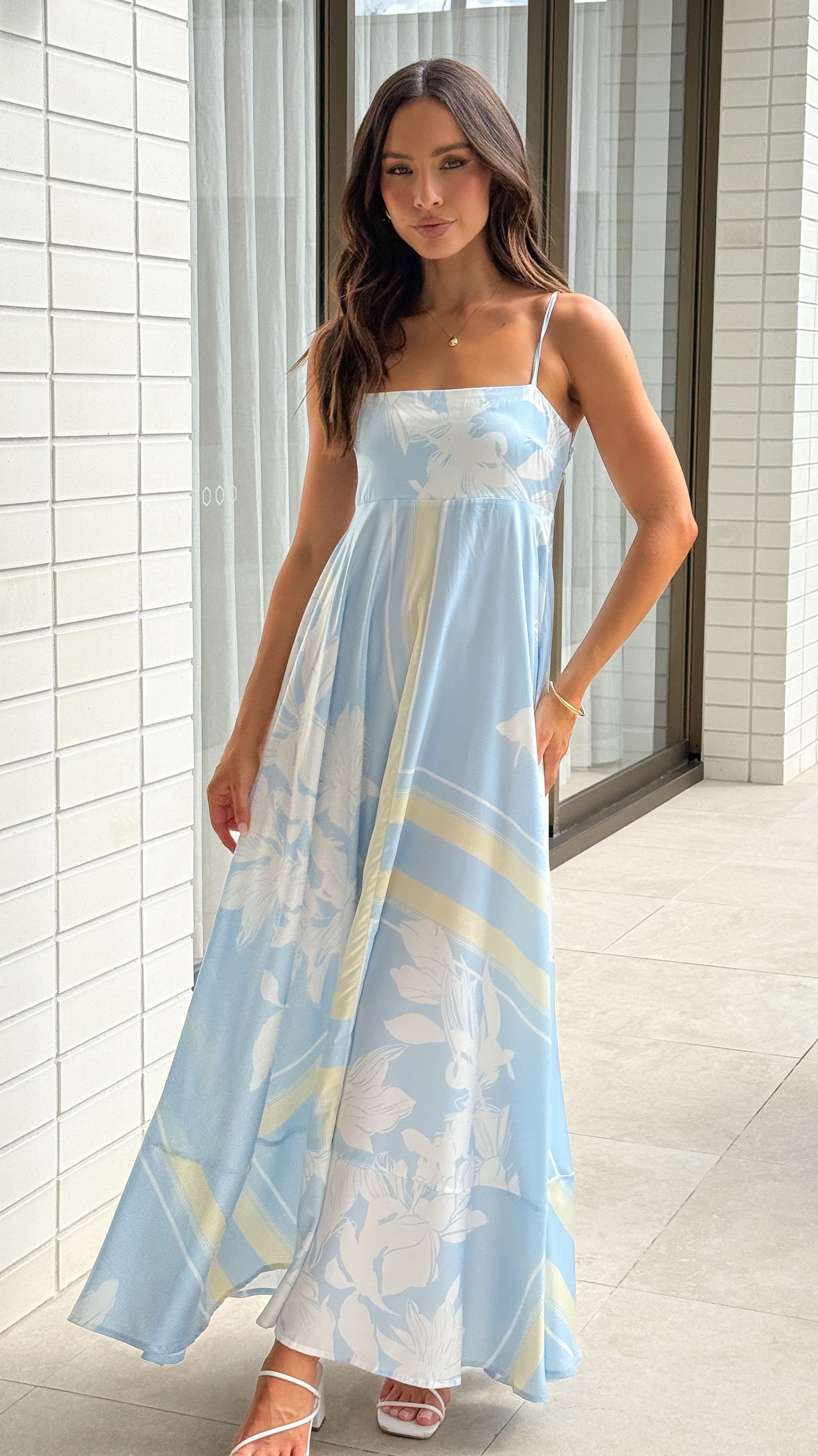 Kaethe Maxi Dress for Women - Flowy Blue & Yellow Floral Summer Dress - Perfect for Beach Vacations, Parties & Casual Outings