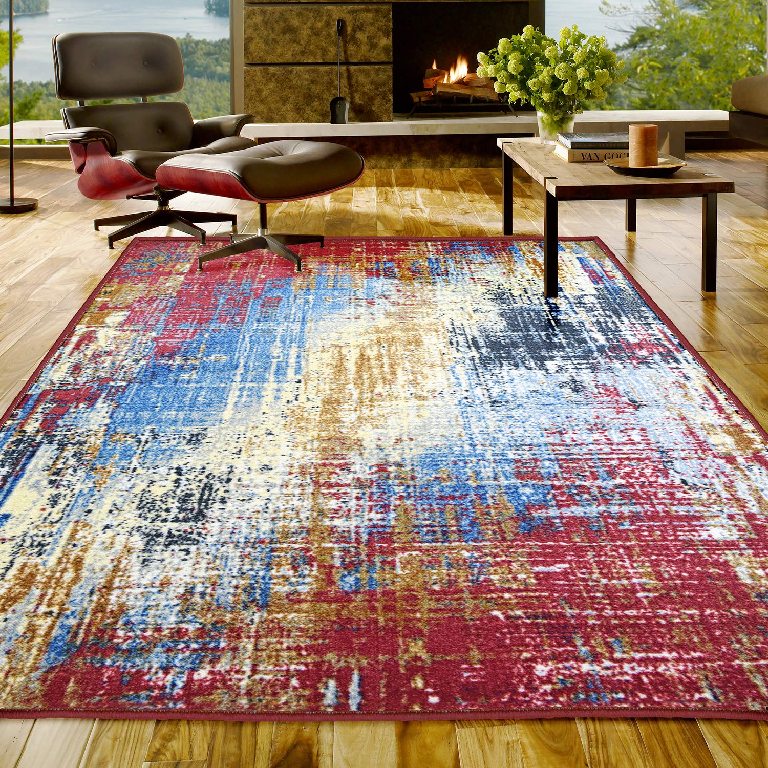 Premium Modern Abstract Indoor Area Rug - Washable, Non-Slip Foam Backing - 8' x 10' Red Fingal Rug for Living Room, Bedroom, Office - Perfect for Home Decor & High Traffic Areas - Arona Collection