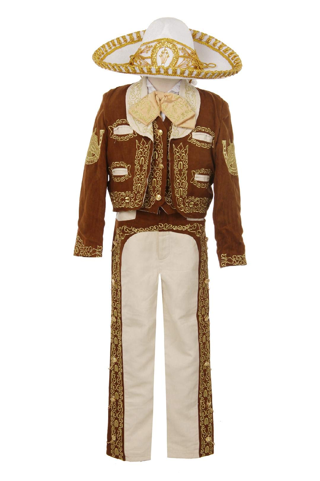 Black Brown Ivory Boys Charro Mariachi Suit 6-Piece Set with Hat - Traditional Mexican Wedding Attire for Ring Bearers, Fiesta & Special Occasions