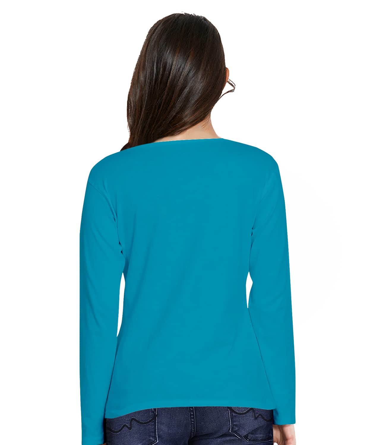 OPLU Women's Regular Fit Yoga T-Shirt - Cotton Printed V-Neck Full Sleeve Workout Top for Yoga, Exercise & Fitness | Trendy Casual Wear for Gym, Running & Daily Activities (Turquoise, XX-Large)