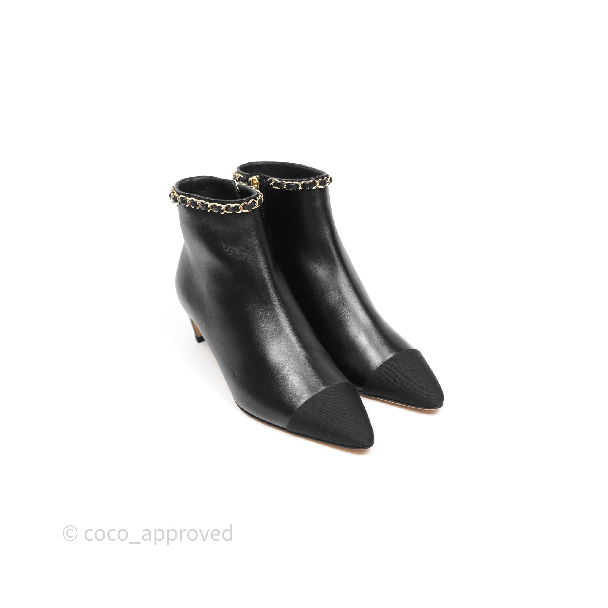 Chanel Black Cap Toe Chain Ankle Boots - Genuine Lambskin Leather Size 36.5 EU (Women's US 6.5) - Luxury Fashion Boots for Evening Parties & Date Nights