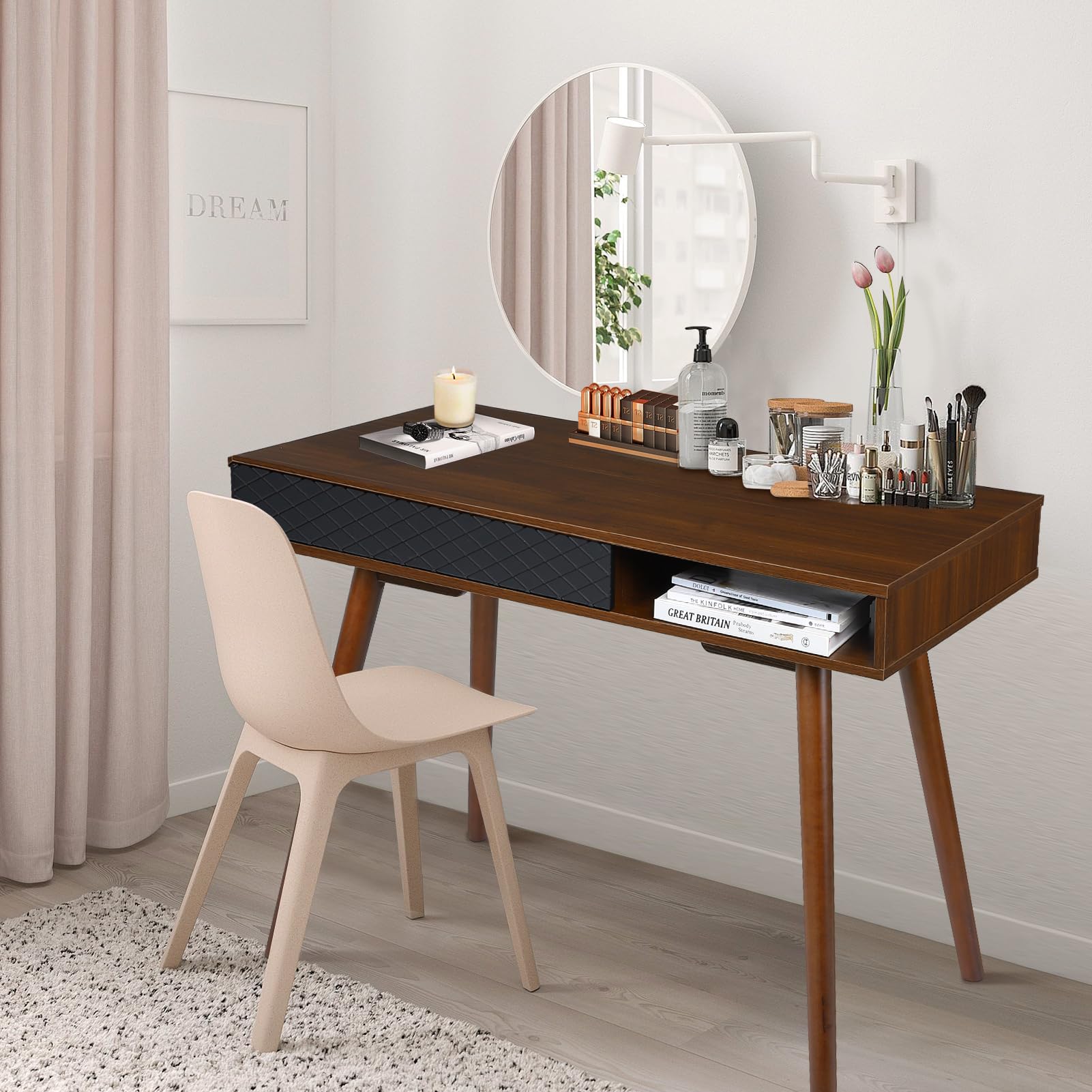 GARVEE 31 Inch Walnut Writing Desk - Mid Century Modern Home Office Desk with Drawers, Sturdy Wooden Study Desk for Small Spaces | Perfect for Home Office, Study Room & Workspace