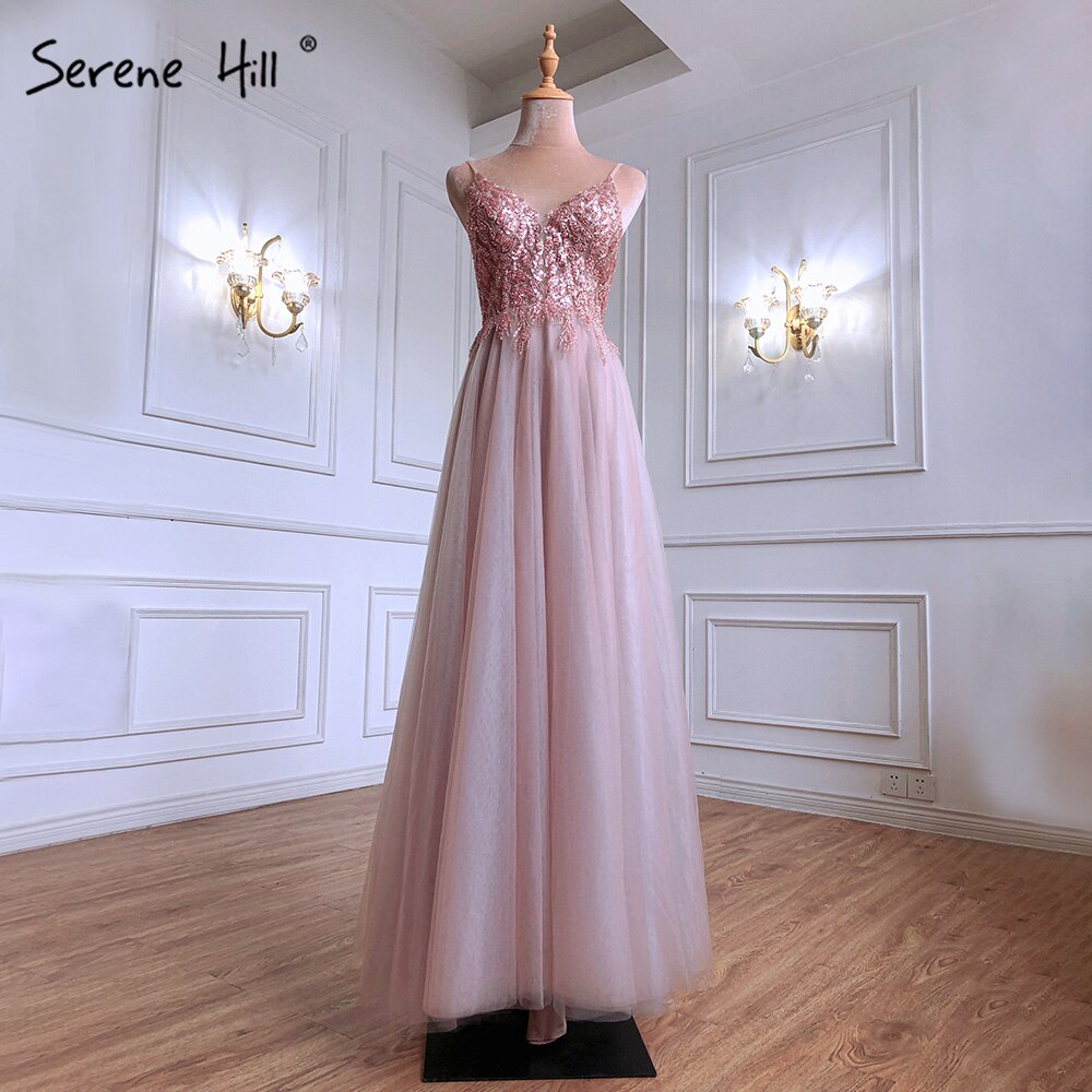 Serene Hill Pink Sexy A-Line Prom Dresses 2025 | Spaghetti Strap Beaded Evening Gown for Homecoming, Formal Party & Special Occasions | LA71287