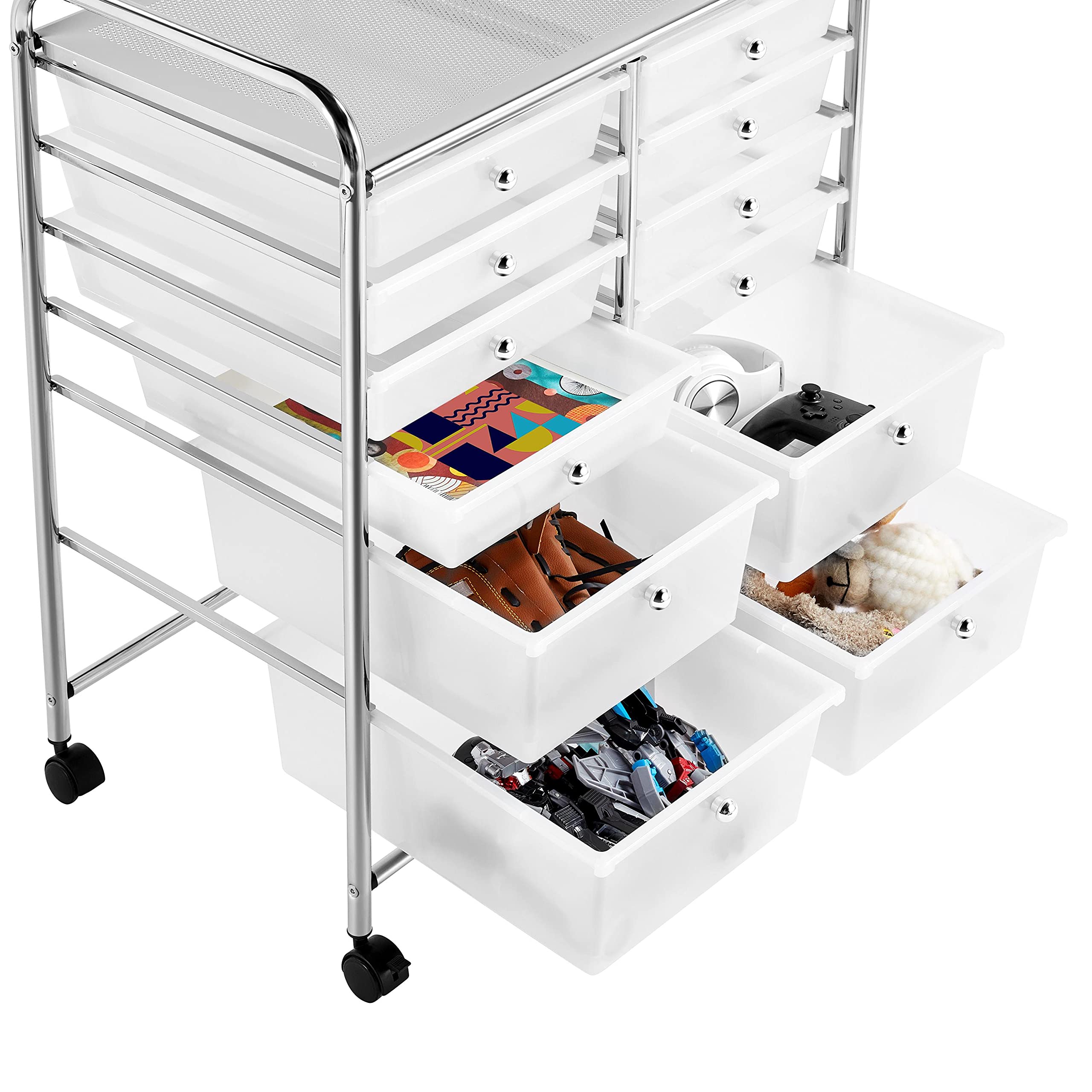 Topeakmart 12-Drawer Utility Rolling Cart Organizer - Plastic Storage Drawers Craft Trolley with 360° Swivel Castor Wheels - White | Perfect for Craft Rooms, Workshops, Office Supplies & Home Organization