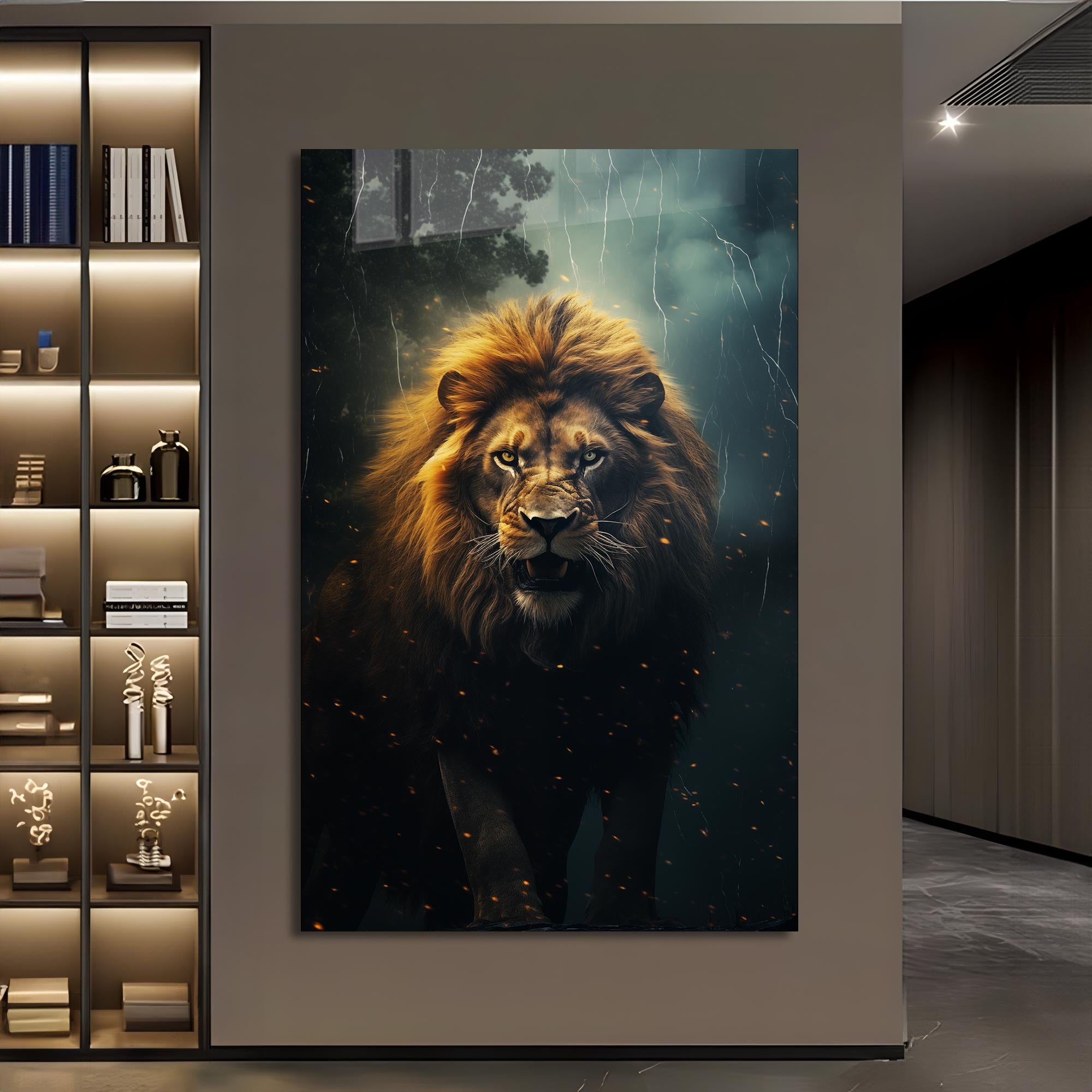 Premium Hunting Lion Tempered Glass Wall Art - Shatterproof & Durable Decor for Living Room, Bedroom, or Office