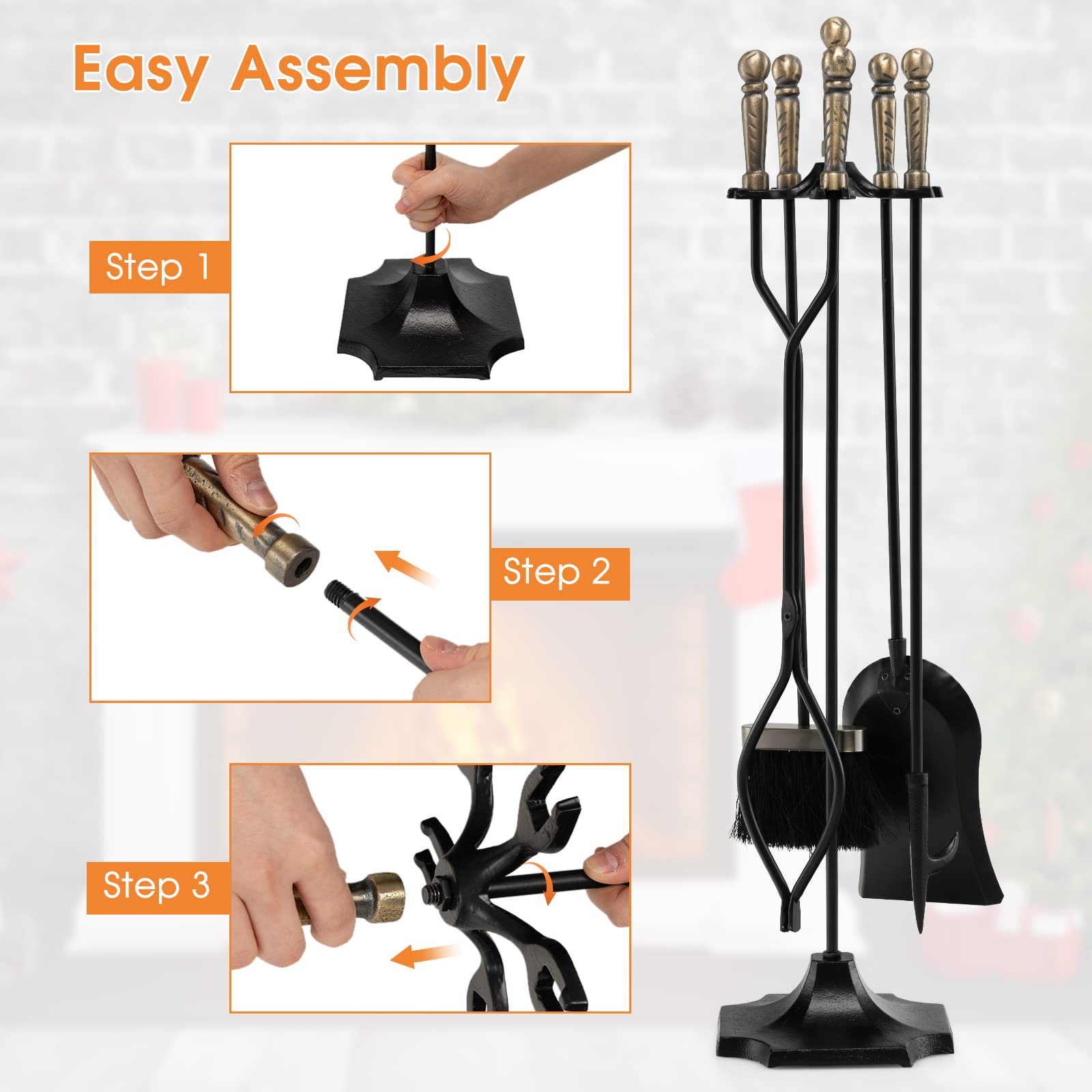 Tangkula 5-Piece Heavy Duty Fireplace Tool Set with Stand - Fireplace Tongs, Brush, Shovel, Poker & Hanger - Ergonomic Handle Black Fireplace Accessories for Wood Stove, Fire Pit & Hearth Maintenance