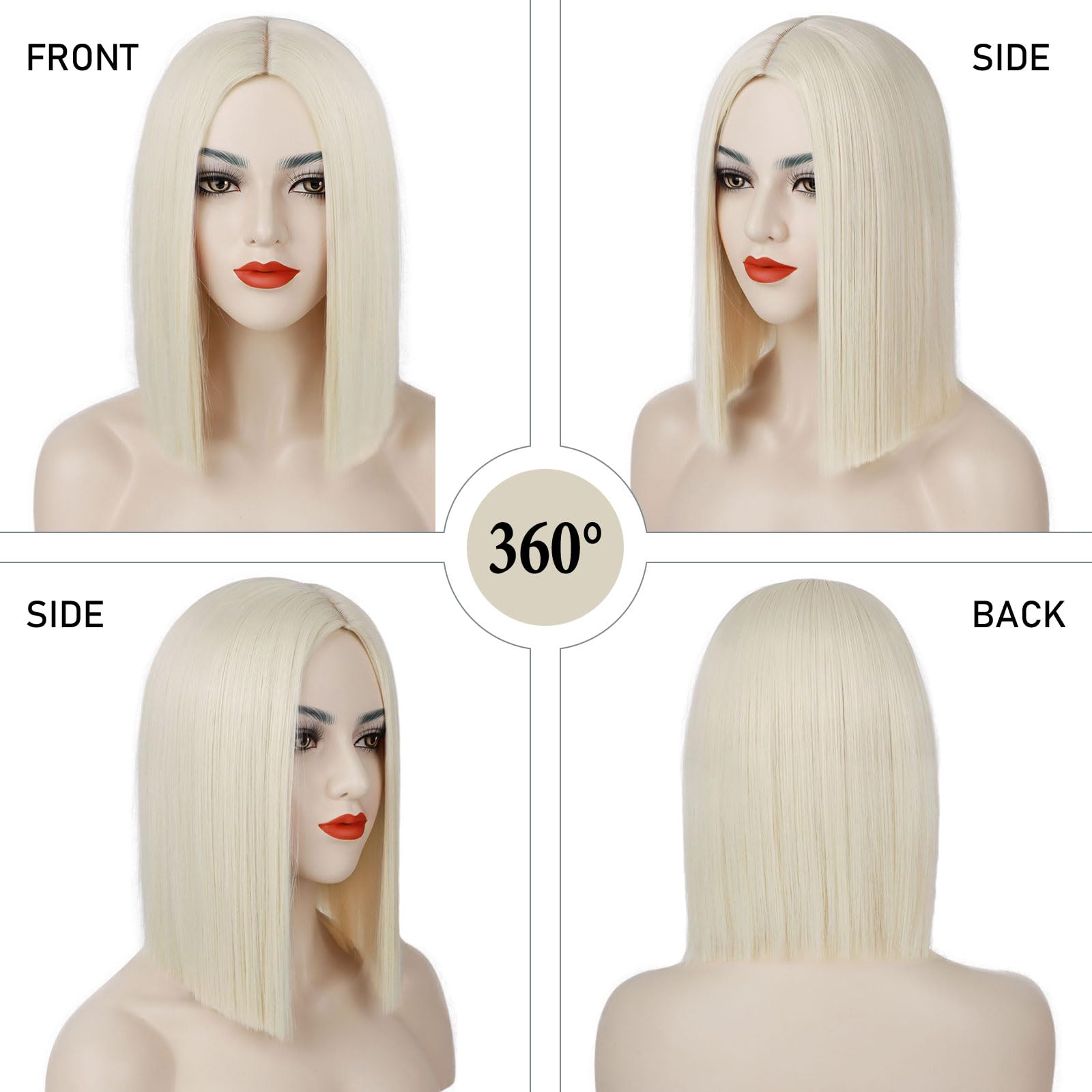 Platinum Blonde Short Bob Wig for Women - Heat Resistant Straight Synthetic Hair with Middle Part - 12 Inch Daily Wear & Party Cosplay Costume Wig - Perfect for Halloween, Cosplay Events, and Fashion Styling