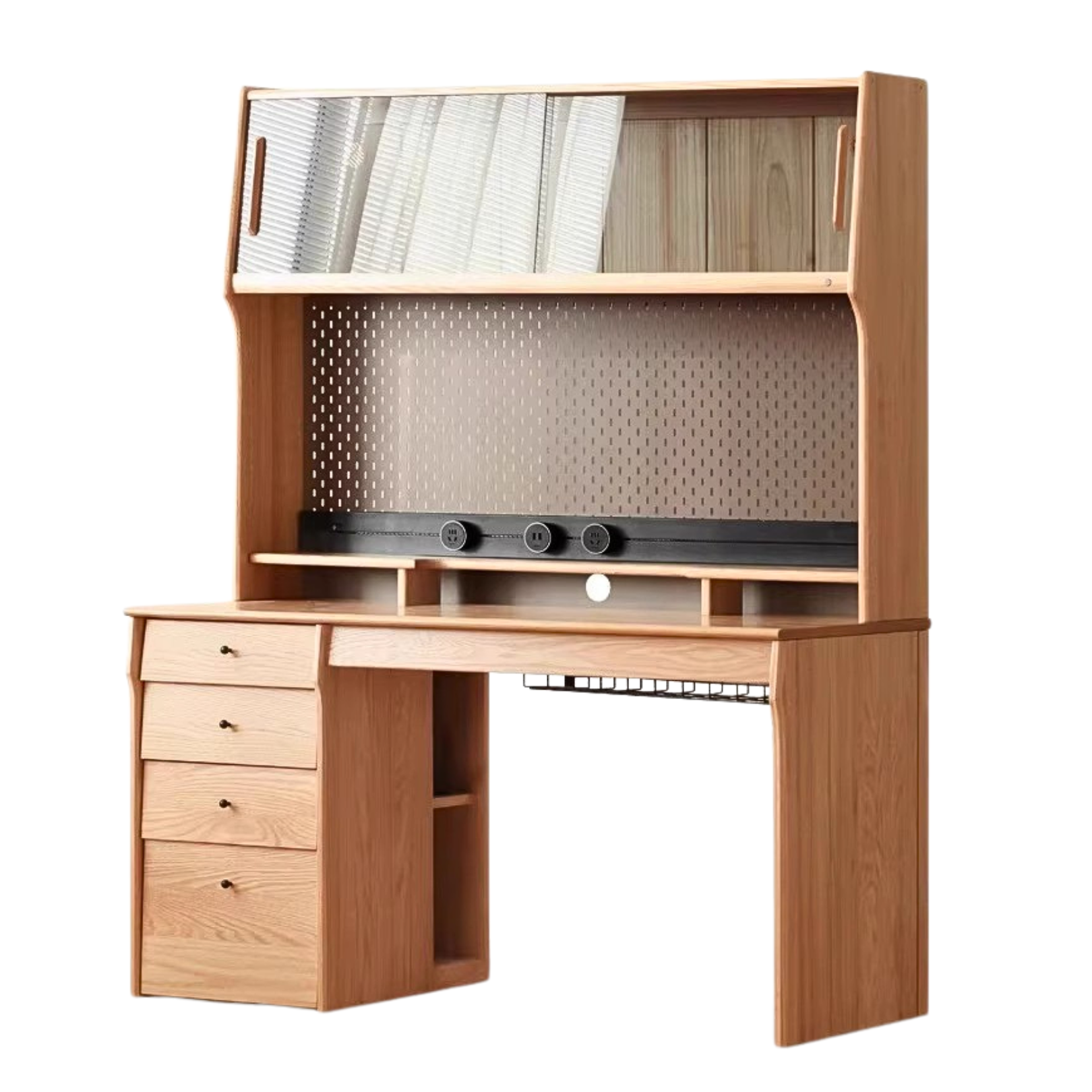 Solid Oak & Cherry Wood Desk Bookshelf with Warm LED Lighting - Perfect for Home Office, Study Room, and Library Organization