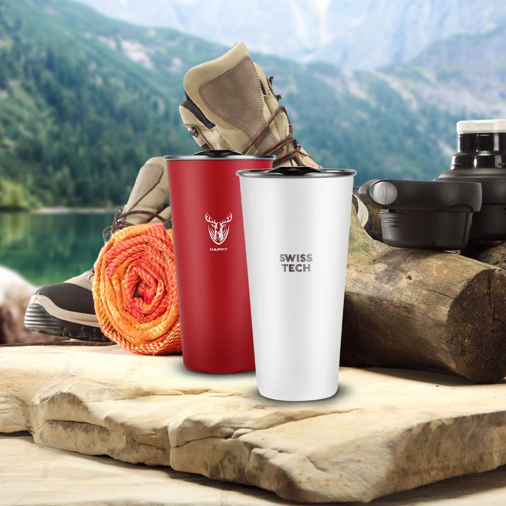 Swiss+Tech 16oz Stainless Steel Insulated Tumbler Cups - 2 Pack Double Wall Vacuum Insulated Pint Glasses with Lids, Durable & Leak Proof (Red & White) - Perfect for Coffee, Tea, Beer, Camping & Outdoor Adventures