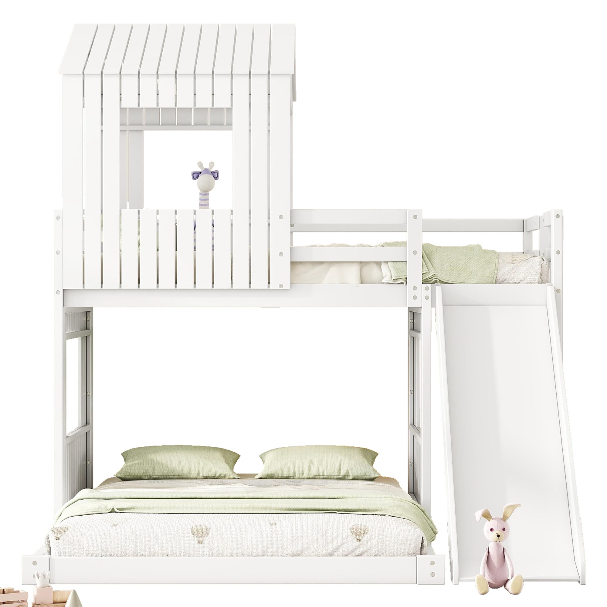 MERITLINE Twin Over Full Bunk Bed with Slide & Playhouse Design - Wooden Kids Bunk Bed with Roof, Windows & Ladder - Safe & Fun Bunk Beds for Boys & Girls in White | Perfect for Kids' Bedrooms, Playrooms & Sleepovers