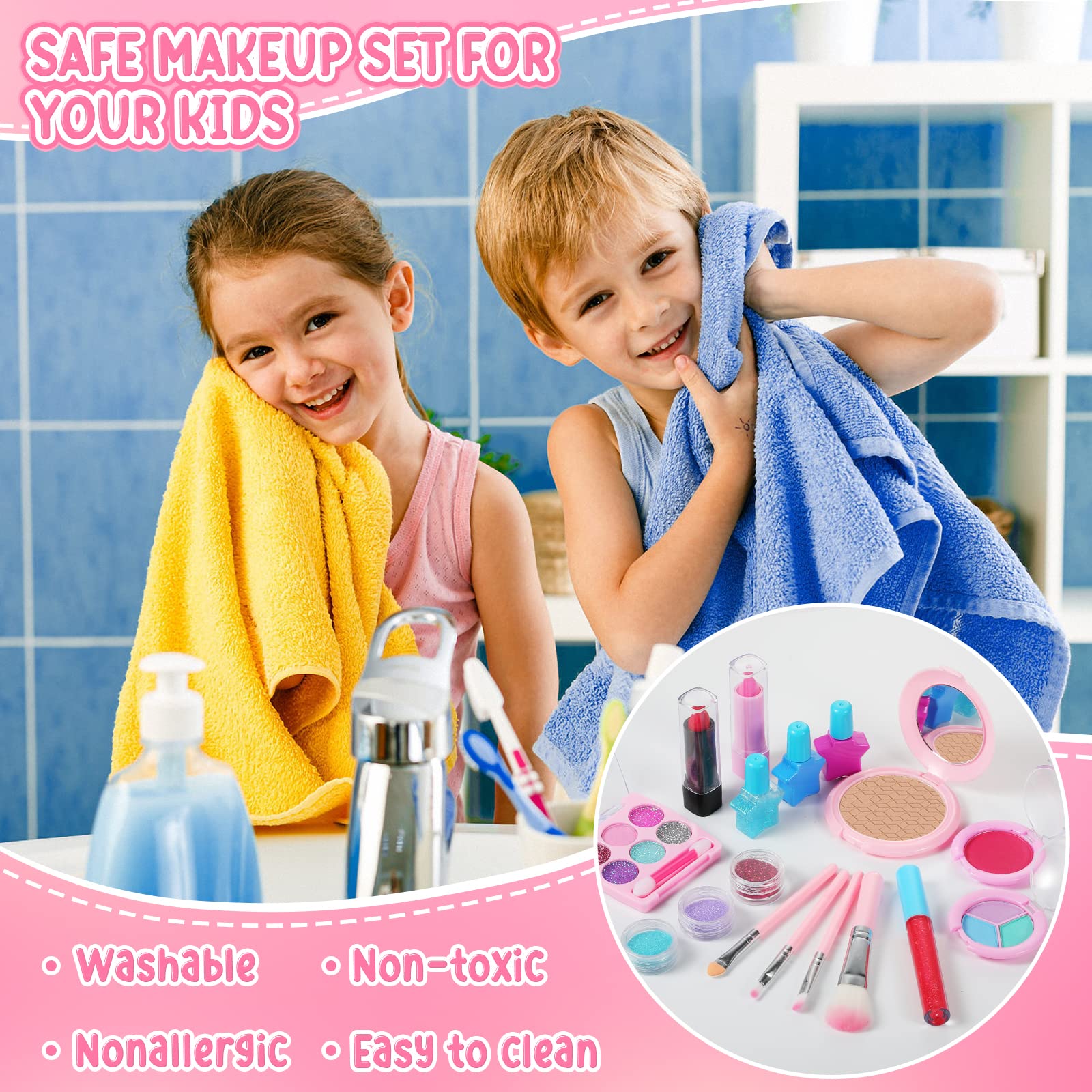 **Washable Kids Makeup Kit for Girls - Safe & Non-Toxic Real Cosmetic Set | Perfect Birthday Gift for Toddlers & Little Girls Ages 4+ | Pretend Play, Dress-Up & Party Fun**