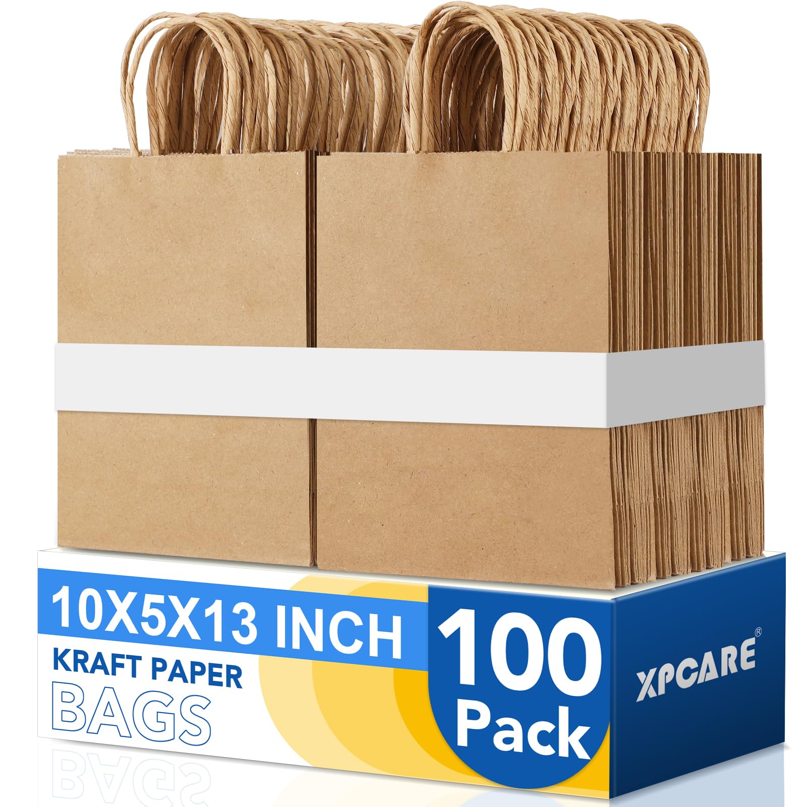 XPCARE 100-Pack Large Brown Kraft Paper Gift Bags with Handles (10x5x13 Inch) - Bulk Eco-Friendly Shopping Bags for Weddings, Parties, Retail & Gift Packaging