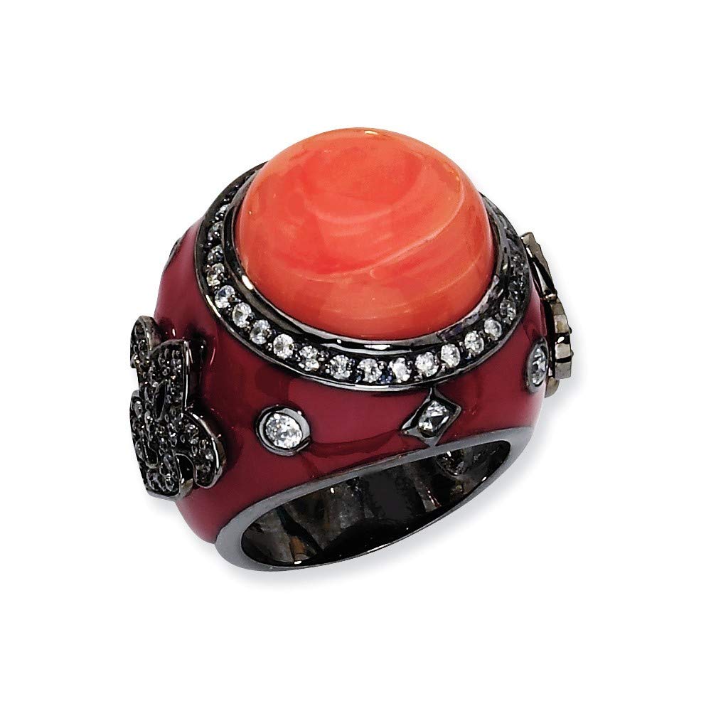 925 Sterling Silver Black Plated Enamel Red Simulated Coral & Cubic Zirconia Ring for Women - Size 6 7 8 - Elegant Jewelry Gift for Anniversary, Birthday & Special Occasions