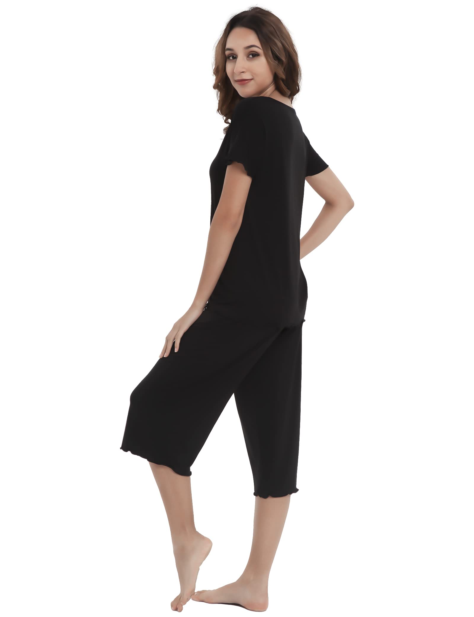 LazyCozy Women's Bamboo Viscose Pajama Set - Short Sleeve Top & Capri Pants Sleepwear - Soft 2-Piece Lounge Set for Comfortable Sleep & Relaxation at Home