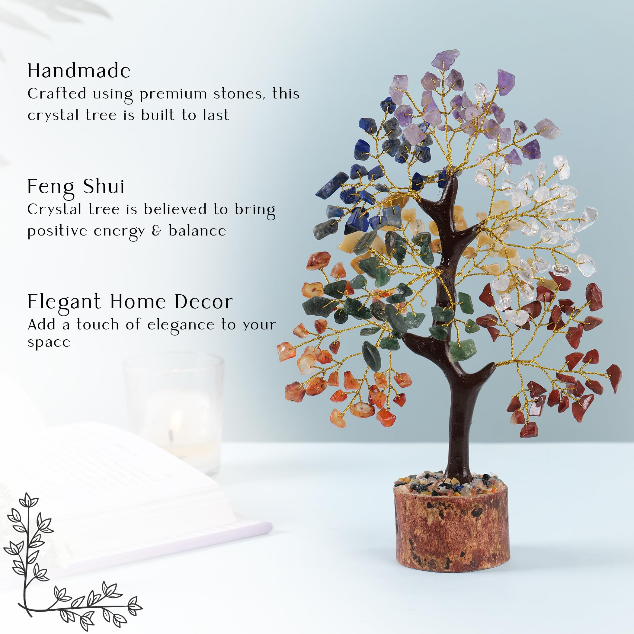 7 Chakra Crystal Tree - Feng Shui Money Tree for Office & Home Decor, Meditation Accessories with 300 Beads Gemstones (10-12 Inches) - Perfect for Housewarming Gifts, New Home Blessings & Positive Energy Spaces