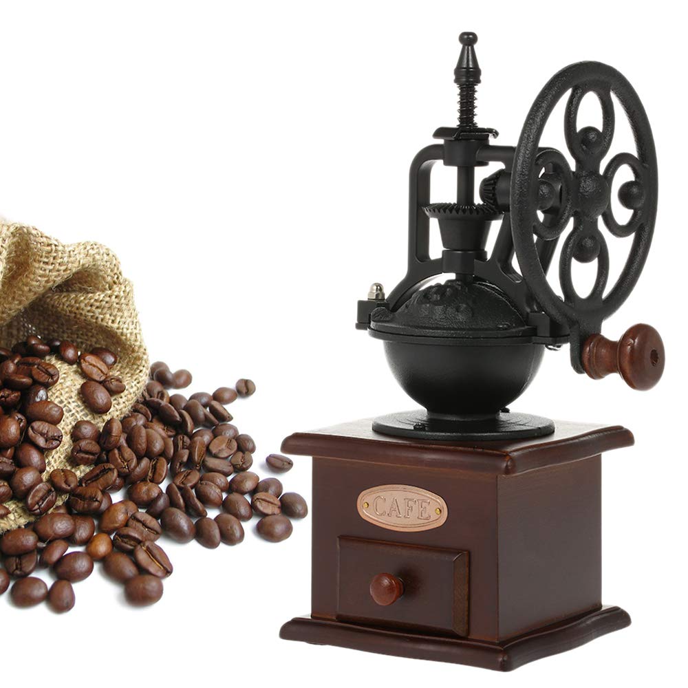 Vintage Cast Iron Manual Coffee Grinder - Adjustable Hand Crank Mill with Grind Settings & Drawer - 11.5 x 11.5 x 26 cm - Perfect for Home, Office, Camping & Travel Brewing