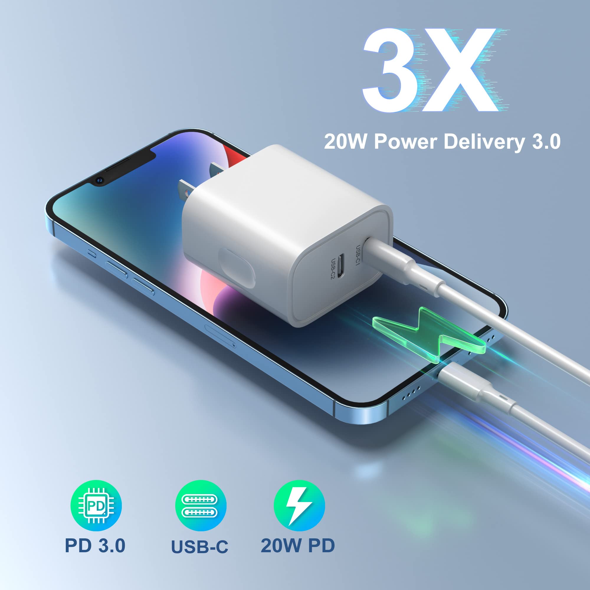 20W Dual Port USB C Fast Charger Block with 6FT USB C to C Cable - PD Compatible Wall Adapter for iPhone 16/15 Pro Max/Plus, iPad Pro, Pixel 8/7 - White | Perfect for Home, Office & Travel Charging